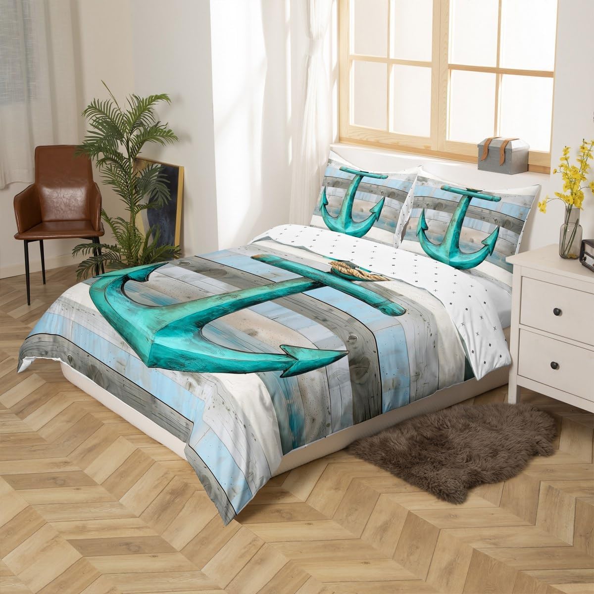 jejeloiu Anchor Decor Bedding Set Toddler Size Nautical Themed Duvet Cover for Boys Girls Teens Ocean Comforter Cover Set Sea Adventure Bedspread Cover Bean Green Grey Quilt Cover，No Comforter