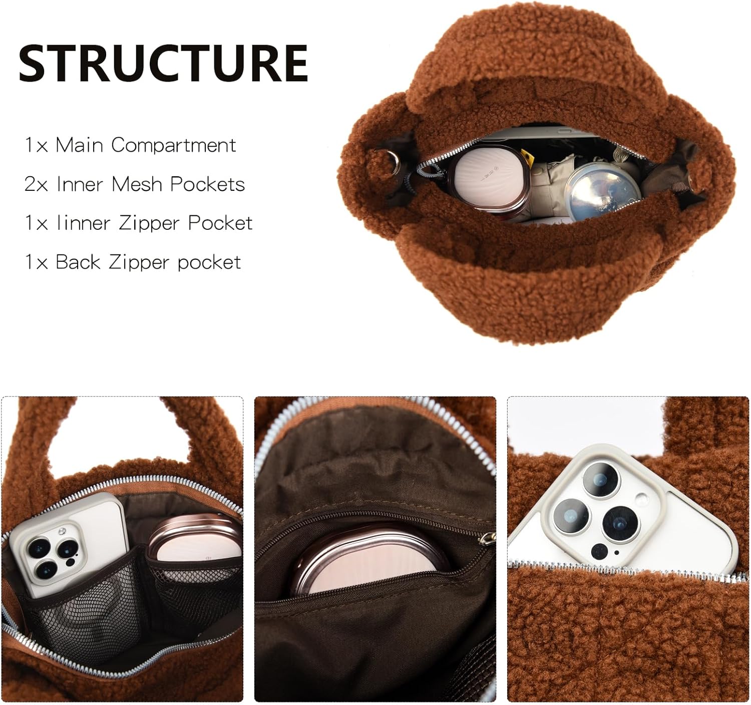 MYHOZEE Small Sherpa Tote Bag, Flurry Crossbody Bags for Women Quilted Fleece Purse Fuzzy Plush Winter Handbags - Image 4