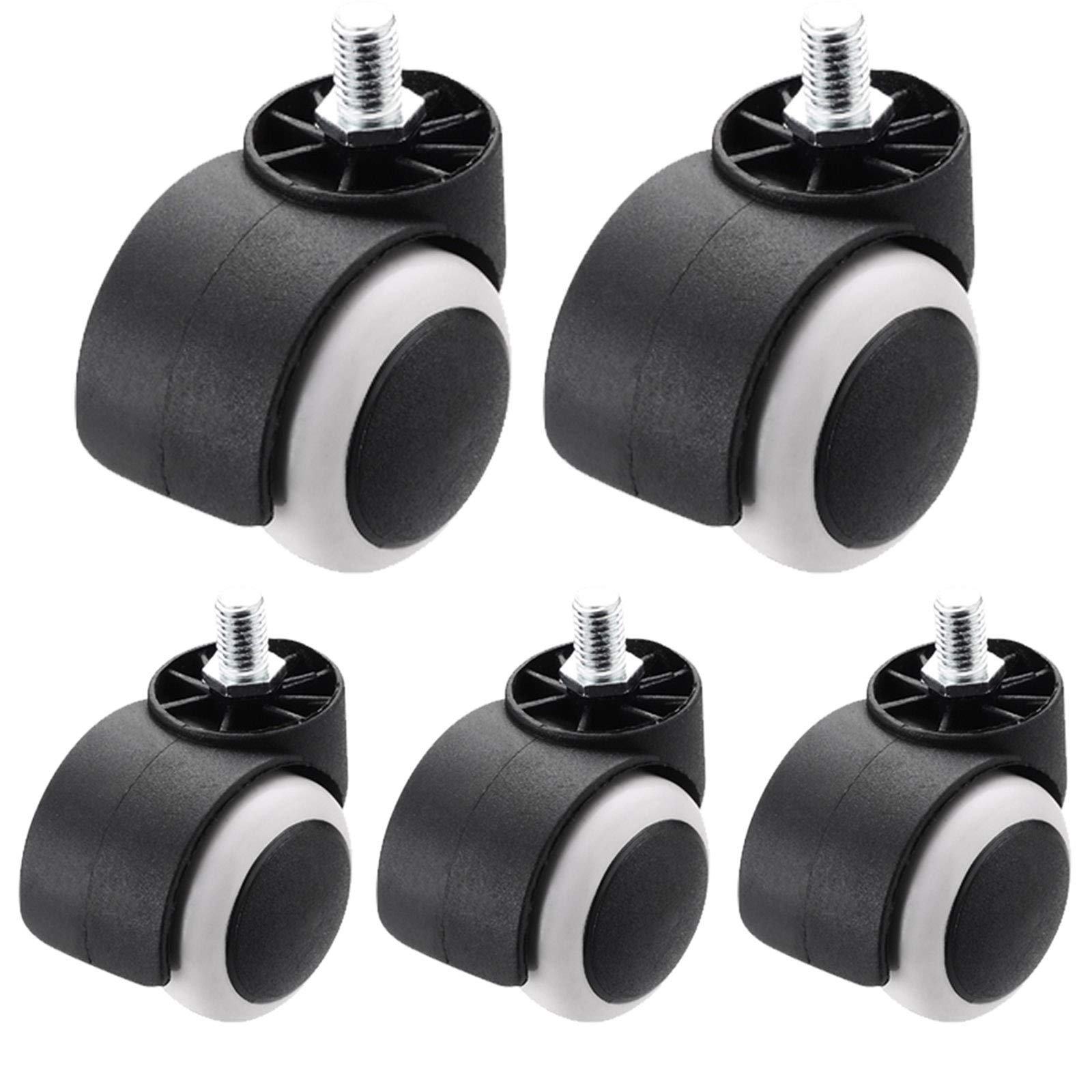 Jolan White Furniture Casters With Brakes,Office Chair Casters,5Pcs,With Screws M10,Swivel Casters,Diameter 50Mm,Silent Nylon Wheels,Load 80Kg.,,5X Thread