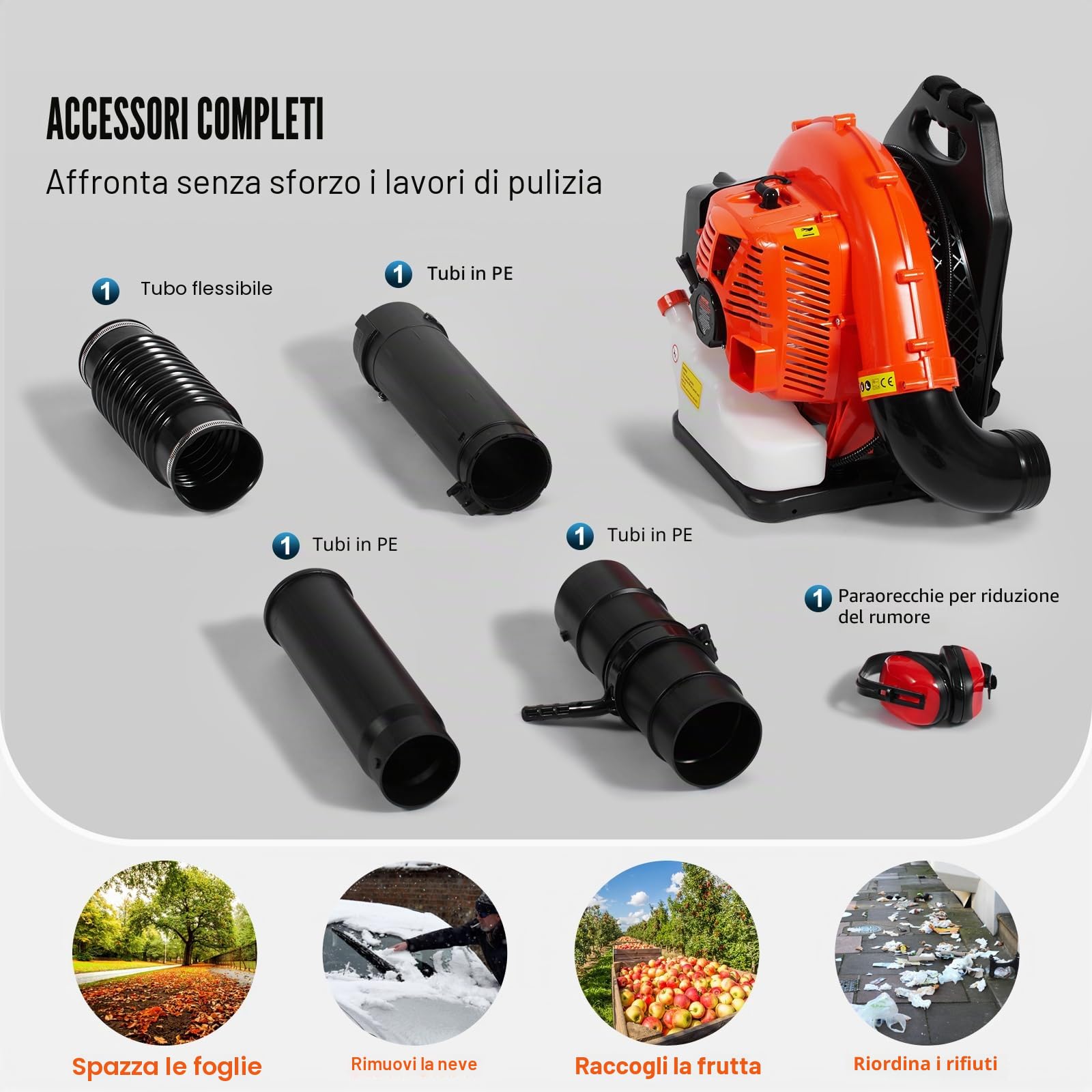 VEVOR Soffiatore per Foglie a Gas, 79CC, Spazzaneve a Zaino a 2 Tempi, con Serbatoio Carburante da 3 Litri, Volume d'Aria 930 CFM per Cura del Prato, Pulizia delle Foglie, Rimozione Neve