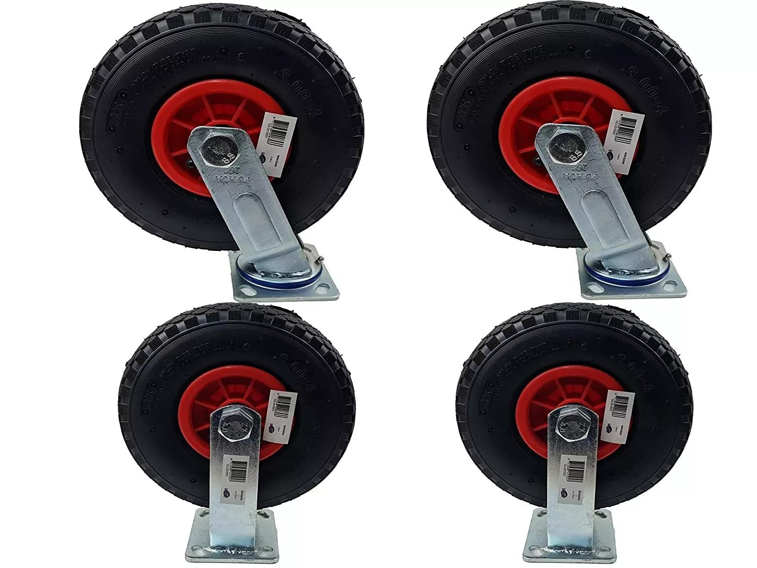 HKB 4 Sackkarrenräder Gummirad 3.00-4 ø=260mm Achsen-ø=20mm mit Halterungen | 2x kugelgelagerte Lenkrolle, 2x Bockrolle, Kunststofffelge mit Rollenlager, Tragkraft 136kg, Artikel-Nr. 20195