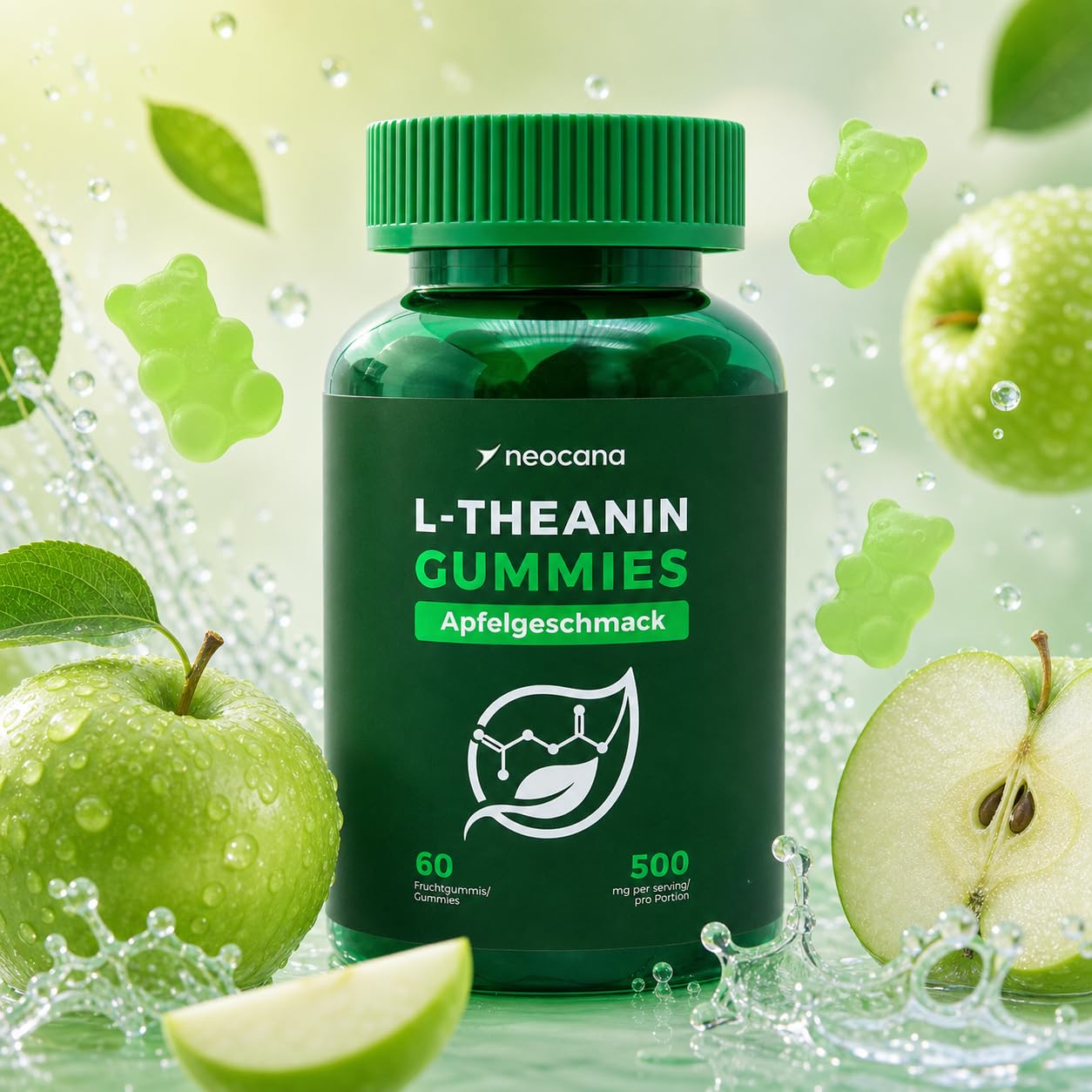 3er Pack L-Theanin Gummies 500 mg pro Portion – Apfelgeschmack - Hochdosierte vegane L-Theanine Fruchtgummis mit Kamillenextrakt, Magnesium, Rhodiola & Lavendel - Nahrungsergänzungsmittel - 60 Stück