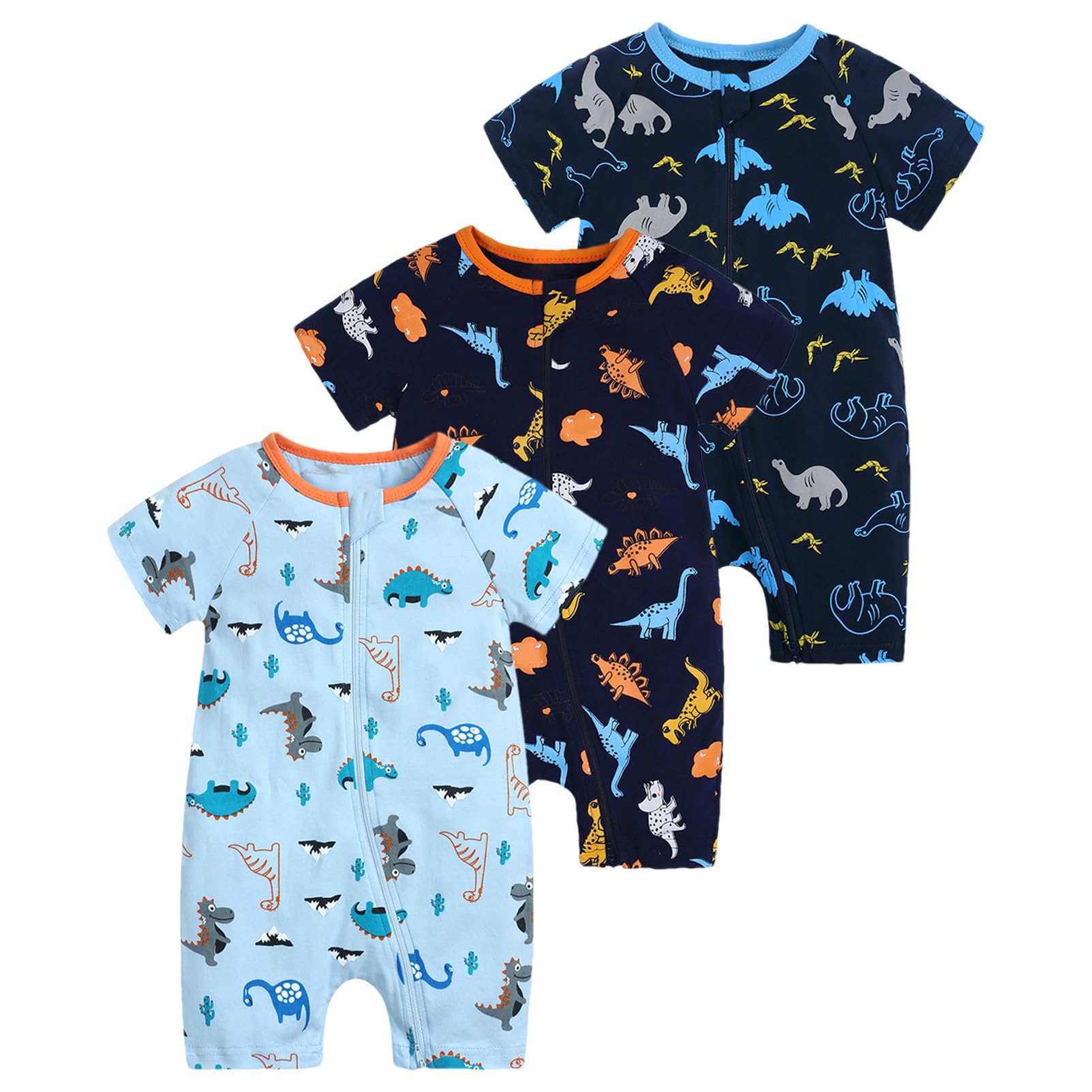 amropi Neonato Bimbo Dinosauro Pagliaccetto 3 Pezzi Pigiama Cerniera Tutine Manica Corta Jumpsuit