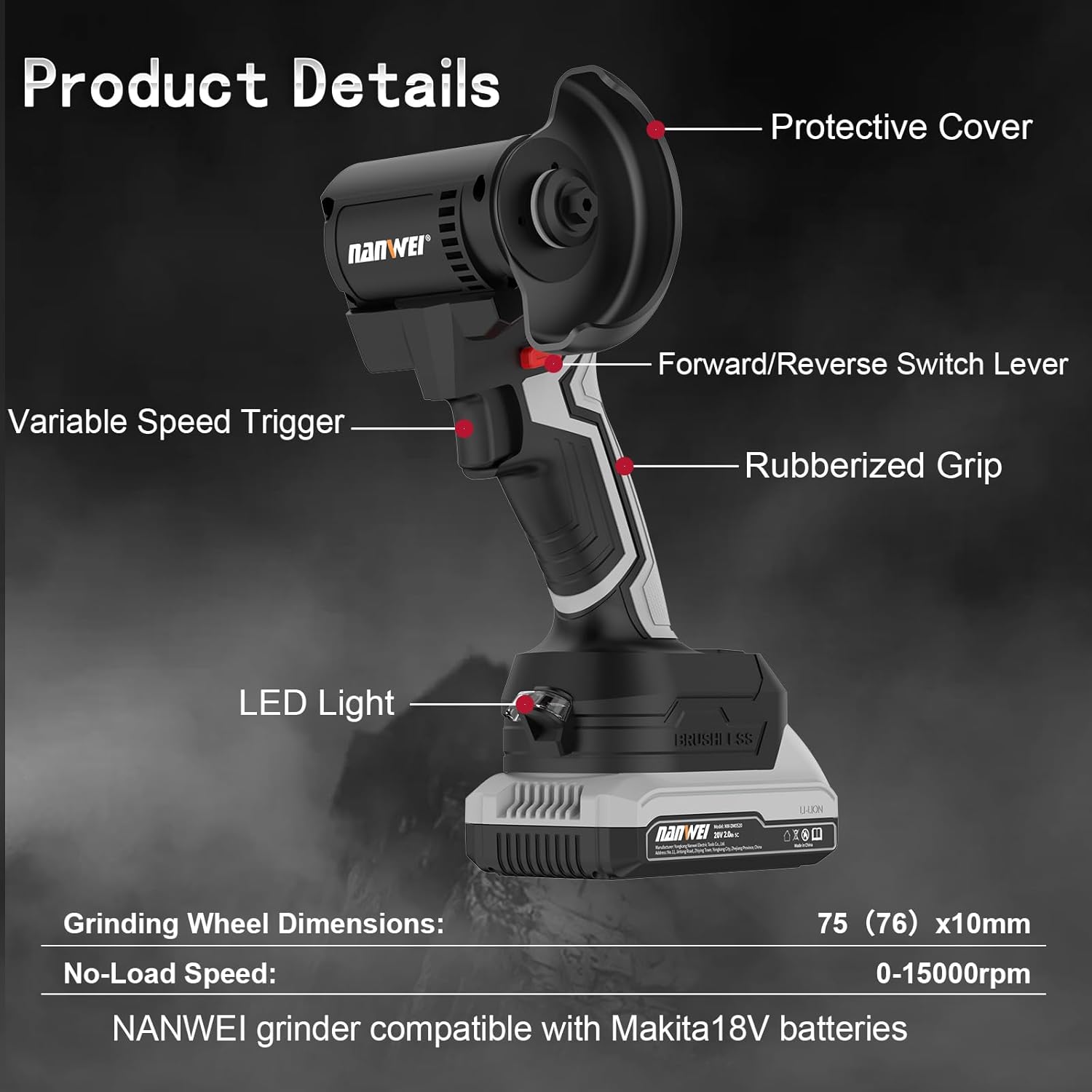 NANWEI 3 Inch Angle Grinder Cordless Brushless With LED Light,Mini Variable Speed Angle Grinder With 2 x 20V 2.0Ah Battery,15000rpm,7Pcs Cutting Discs For Cutting Grinding Polishing (With Batteries)