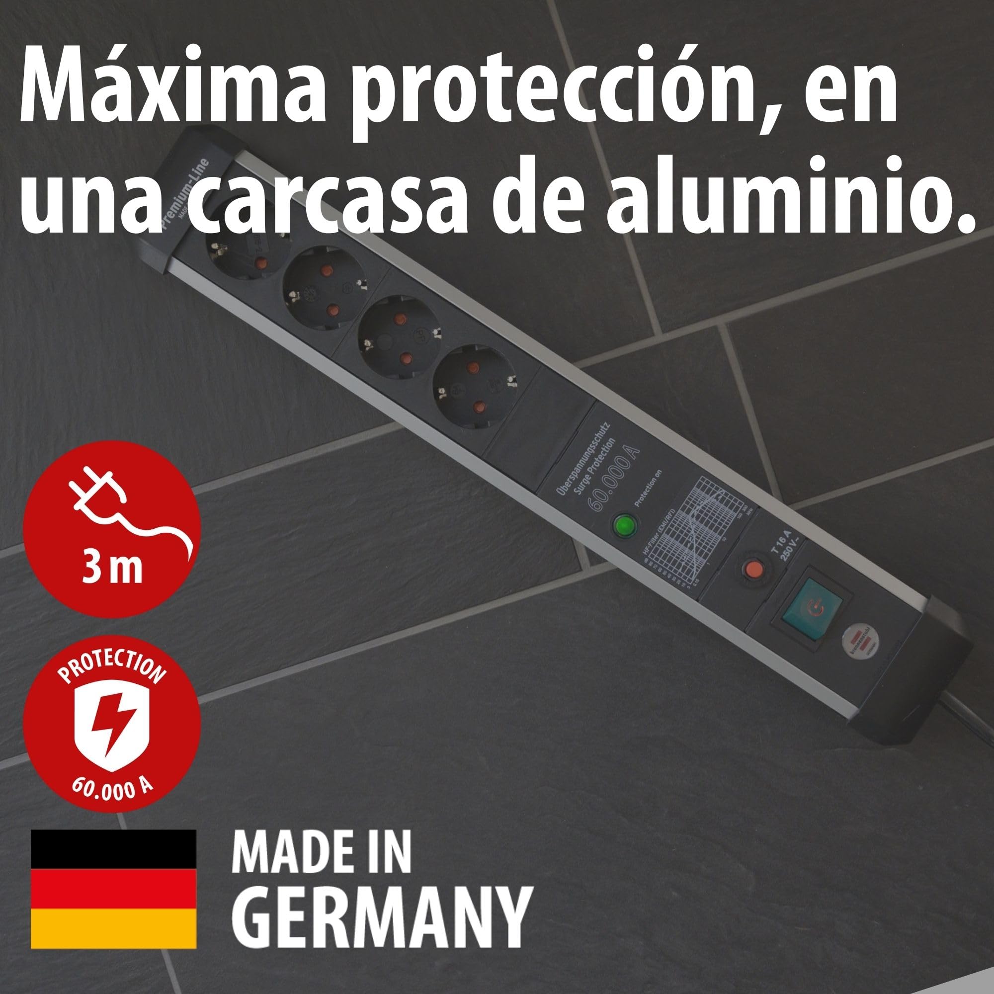 Brennenstuhl Premium-Protect-Line regleta enchufes de 4 Tomas con protección contra sobretensiones hasta 60.000 A (Cable de 3 m, Interruptor, Fabricado en Alemania) Plateado/Negro