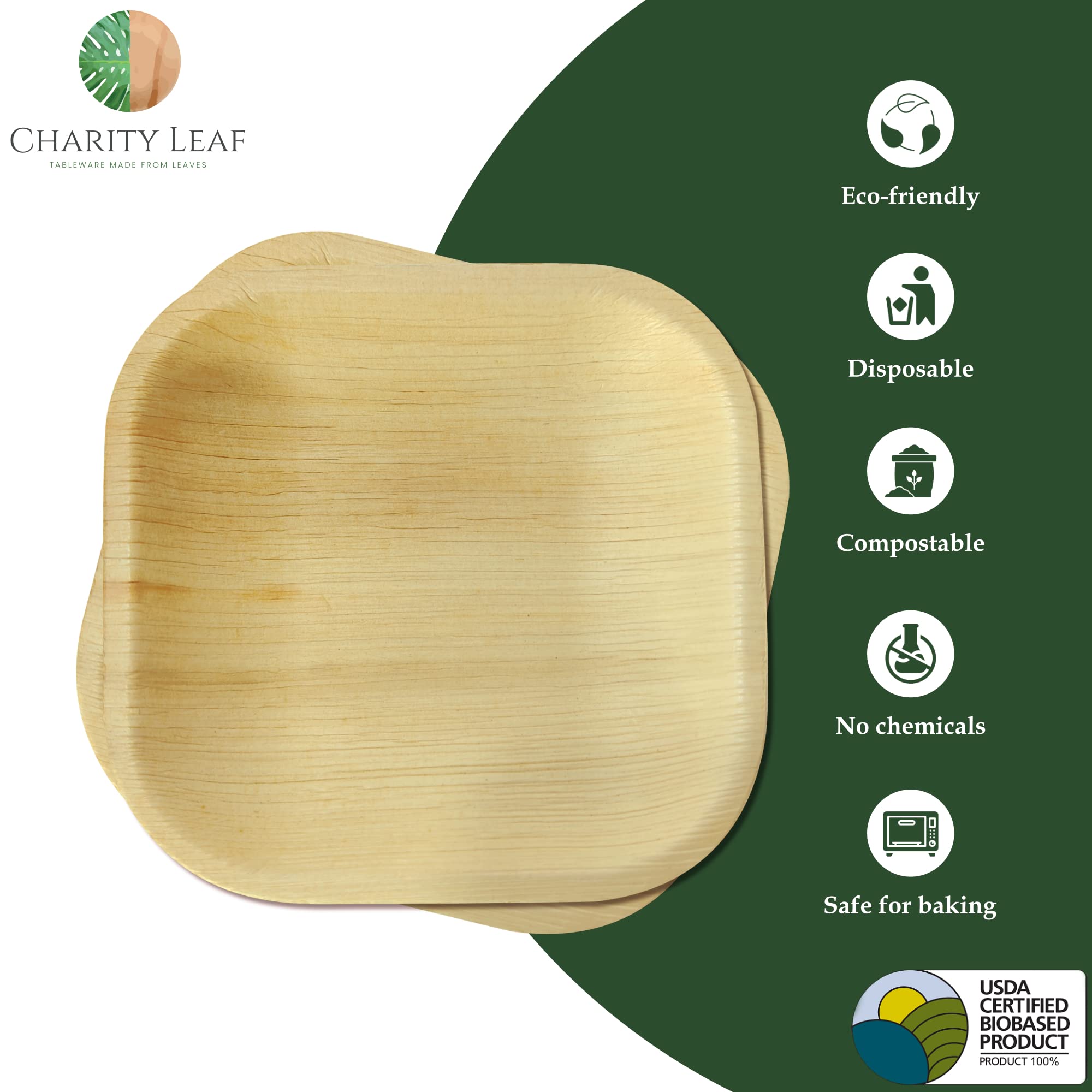 Charity Leaf - Juego de platos desechables de hoja de palma como platos cuadrados de bambú | bodas, tablas de embutidos, barbacoas y fiestas | Platos Cuadrados (5 Cuadrados) (200, 5 Cuadrados)
