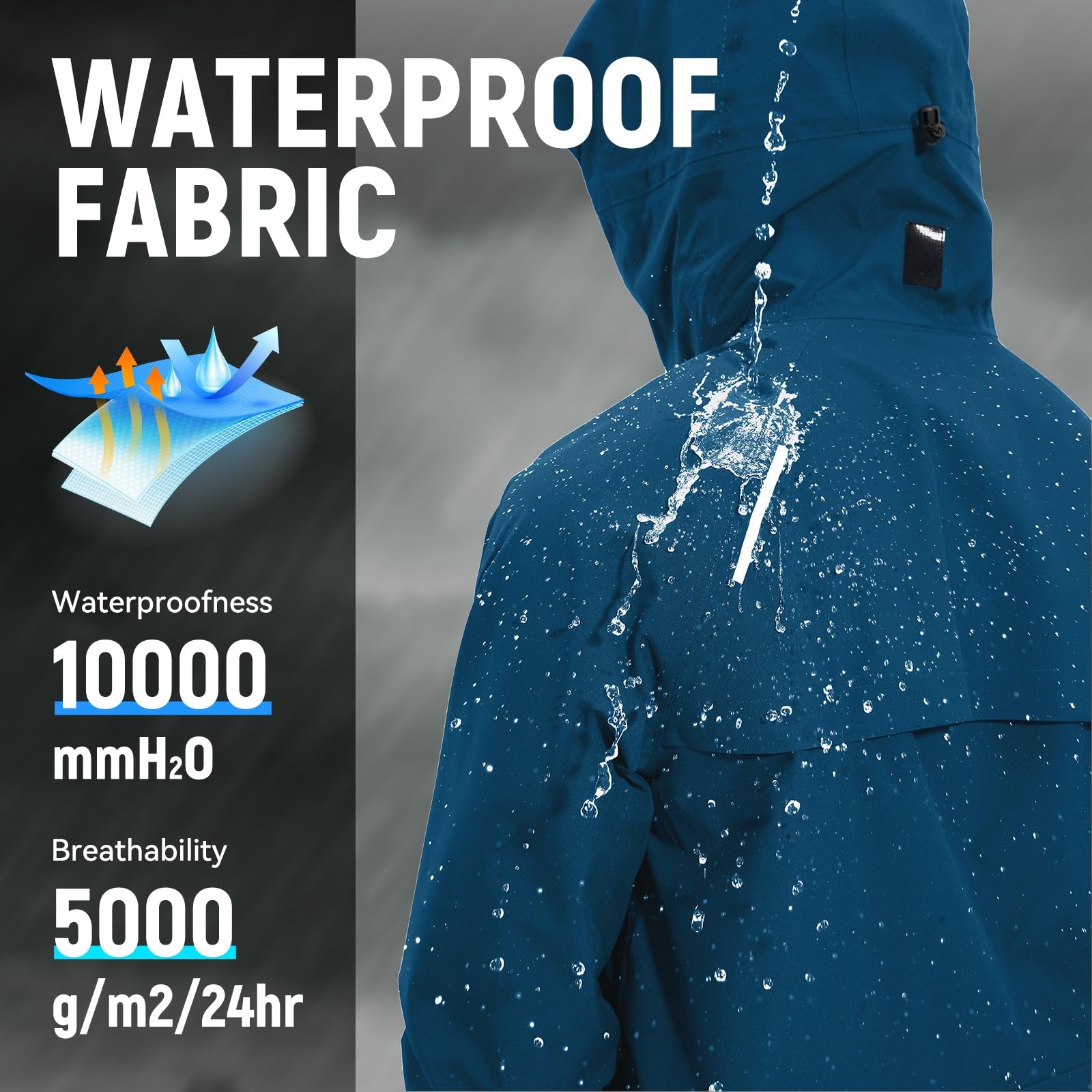 BALEAF Męska kurtka przeciwdeszczowa, kurtka rowerowa, wodoszczelna, outdoorowa, wiatrówka z kapturem, 10000 mm, H2O, wodoszczelna, oddychająca kurtka turystyczna