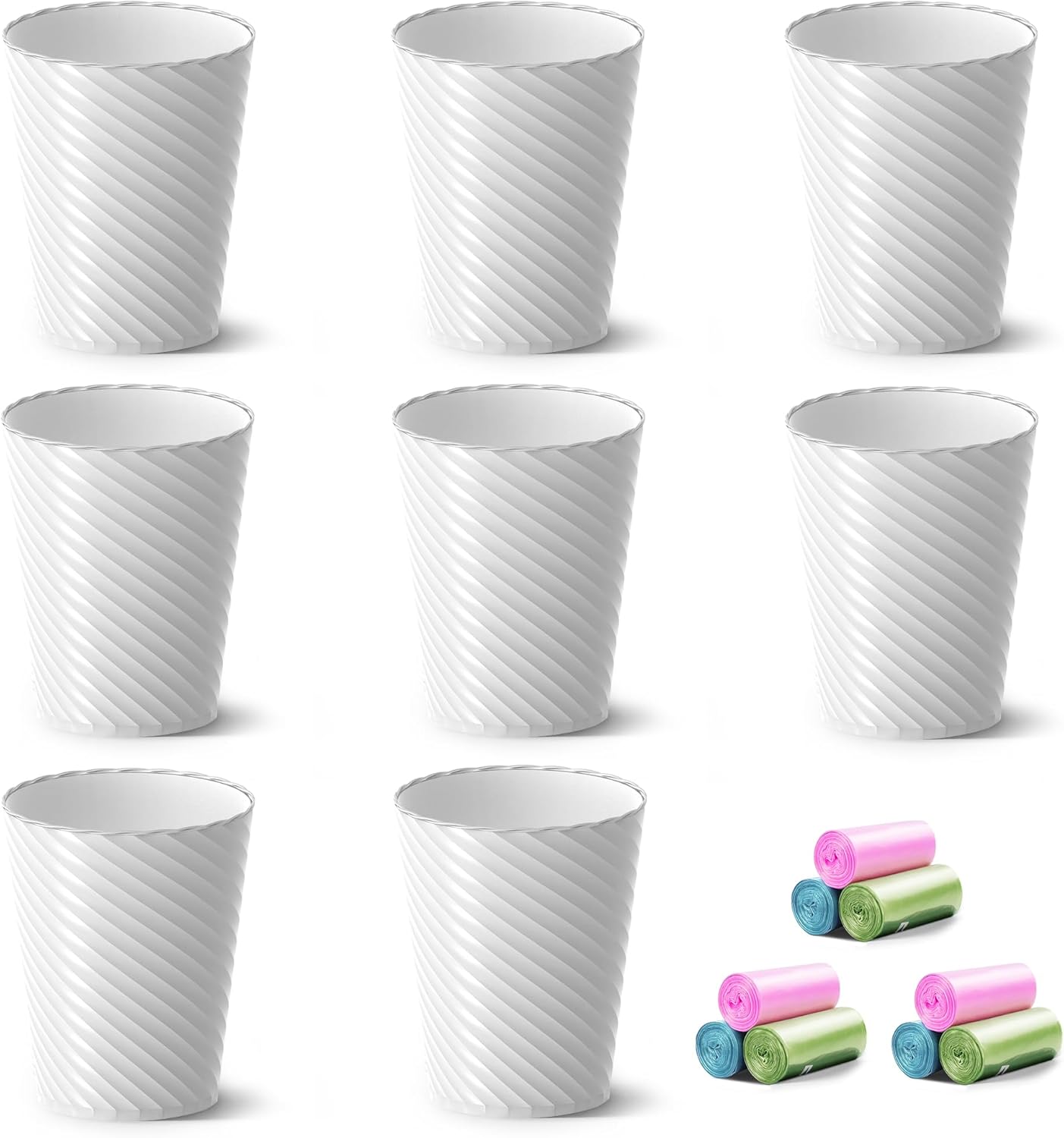 Lysam Bathroom Trash Can, 8 Pack 1.8 Gallons Small Trash Can with Trash Bags, Bathroom Garbage Can, Plastic Trash Bin, Round Waste Basket for Bedroom, Office, Kitchen, Room, Compact Space (White)
