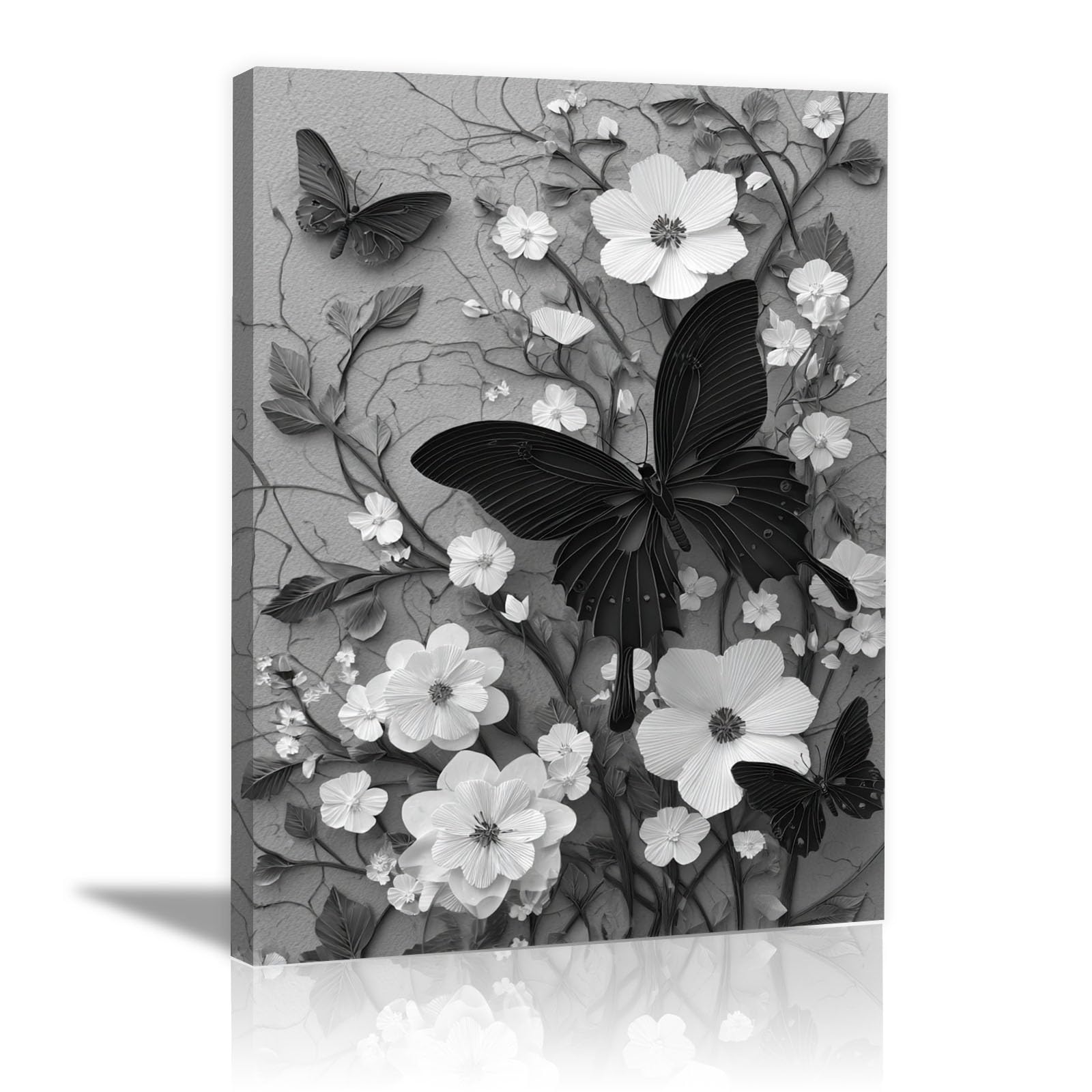 TERUEA Canvas Animal Abstract Colourful - Black Butterfly White Floral Vine Canvas Wall Art Bathing Animals Humor Abstract Prints,(Grey)-30x45cm Framed