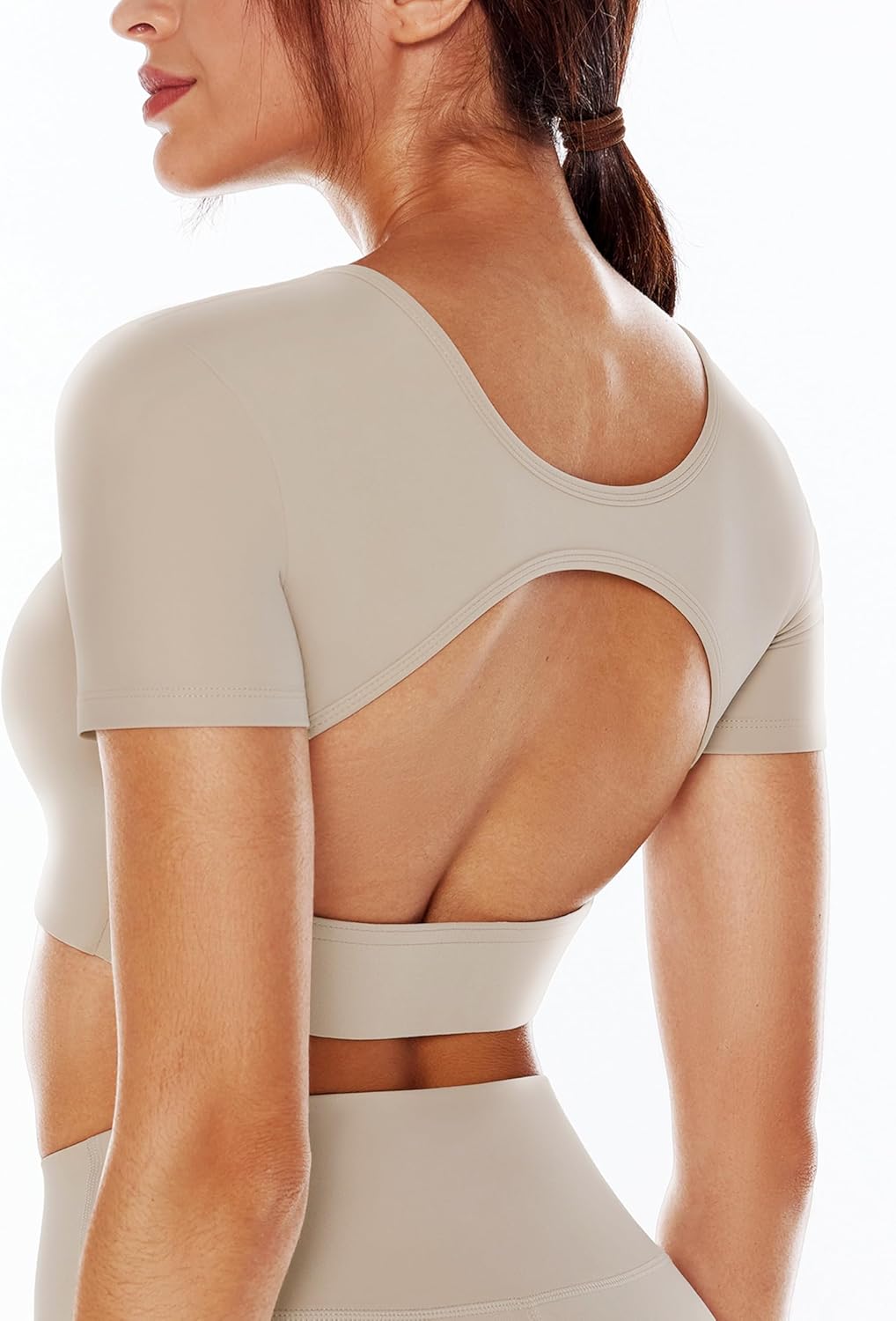 Open Back Workout Crop Tops for Women Backless Yoga Shirts Gym Short Sleeve Mild Support Compression Tee with Bra - Image 3