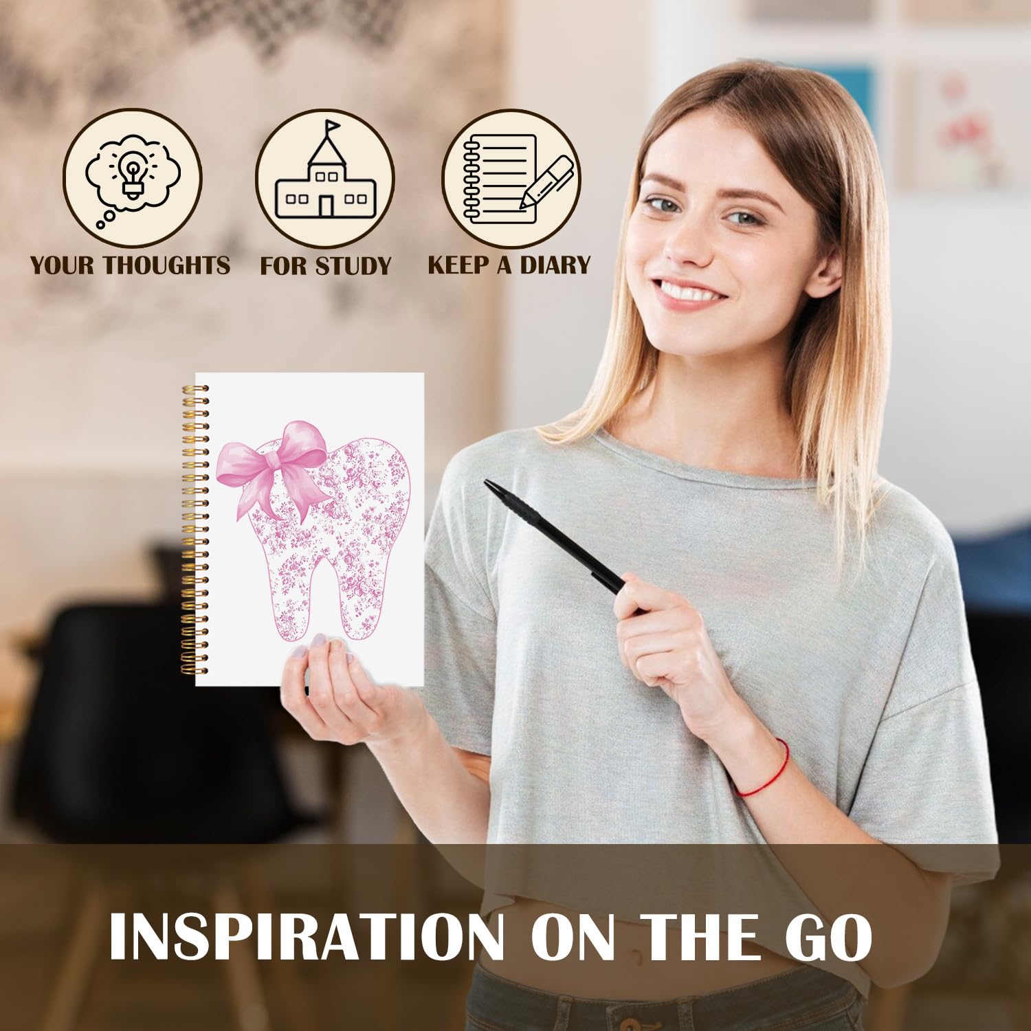 Dentist Gifts Pink Spiral Notebook Journal Dentist Dental Gifts for Women Notebooks for Note Taking Coquette Bow Chinoiserie — view 7