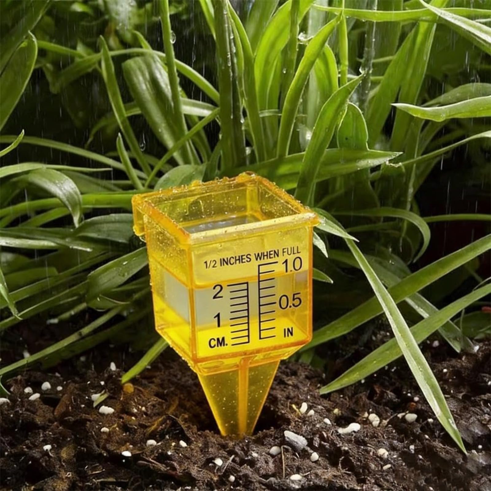 Pluviómetro de 1,5 pulgadas para exteriores con gran apertura, medidor de agua de plástico transparente para césped y jardín, medidor de lluvia de color amarillo brillante, 10 unidades