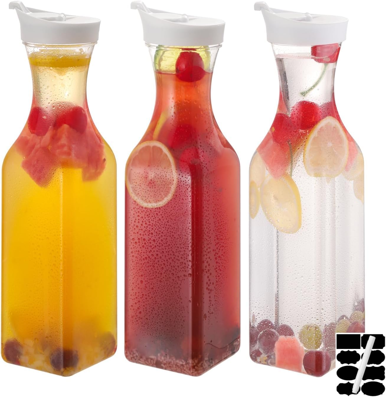 3-Pack 1.5L / 50 Oz Plastic Water Carafe Pitcher with Flip Top Lid, Square Base Juice Containers, Mimosa Bar Supplies Pitcher for Drinks, Water, Tea, Juice, Milk, Lemonade and Other Beverages
