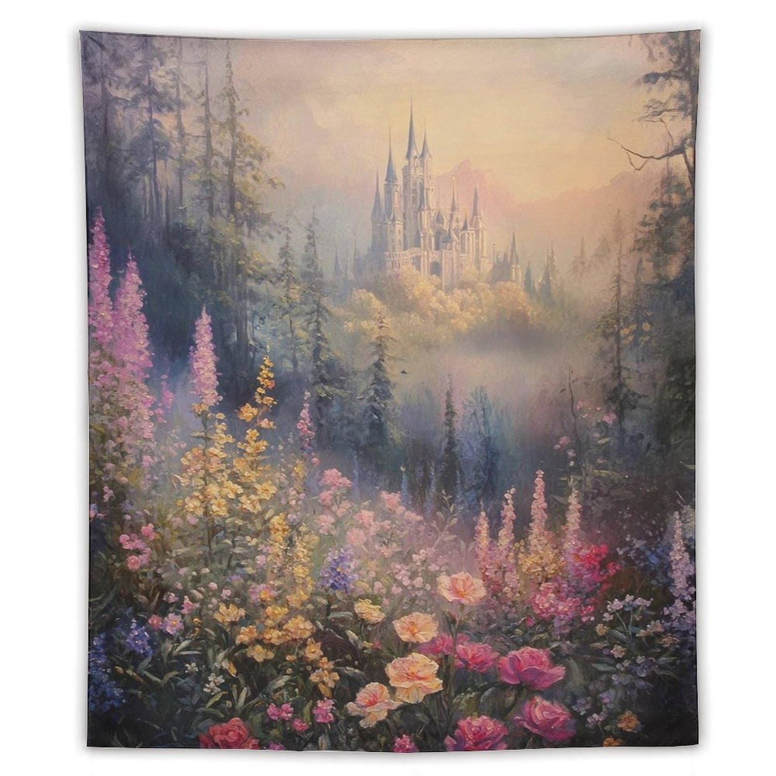 Fantasy Castle Wildflower Meadow Tapestry Wall Hanging Dreamy Misty Forest Landscape Botanical Decor For Living Room Bedroom Dorm Apartment Cottagecore Aesthetic50 x60 Tapestry