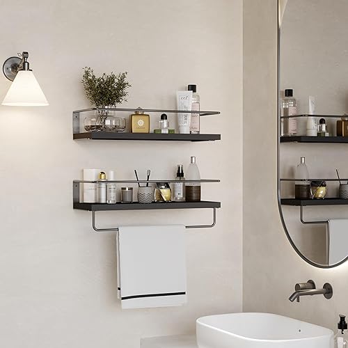 Miniatura 7 de Estantes flotantes blancos con toallero blanco  Juego de 2 estantes de baño colgantes montados en la pared, estantes decorativos para almacenamiento