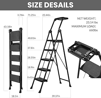 XinSunho 5 Step Ladder, Foldable Handrail & Tool Tray Stool