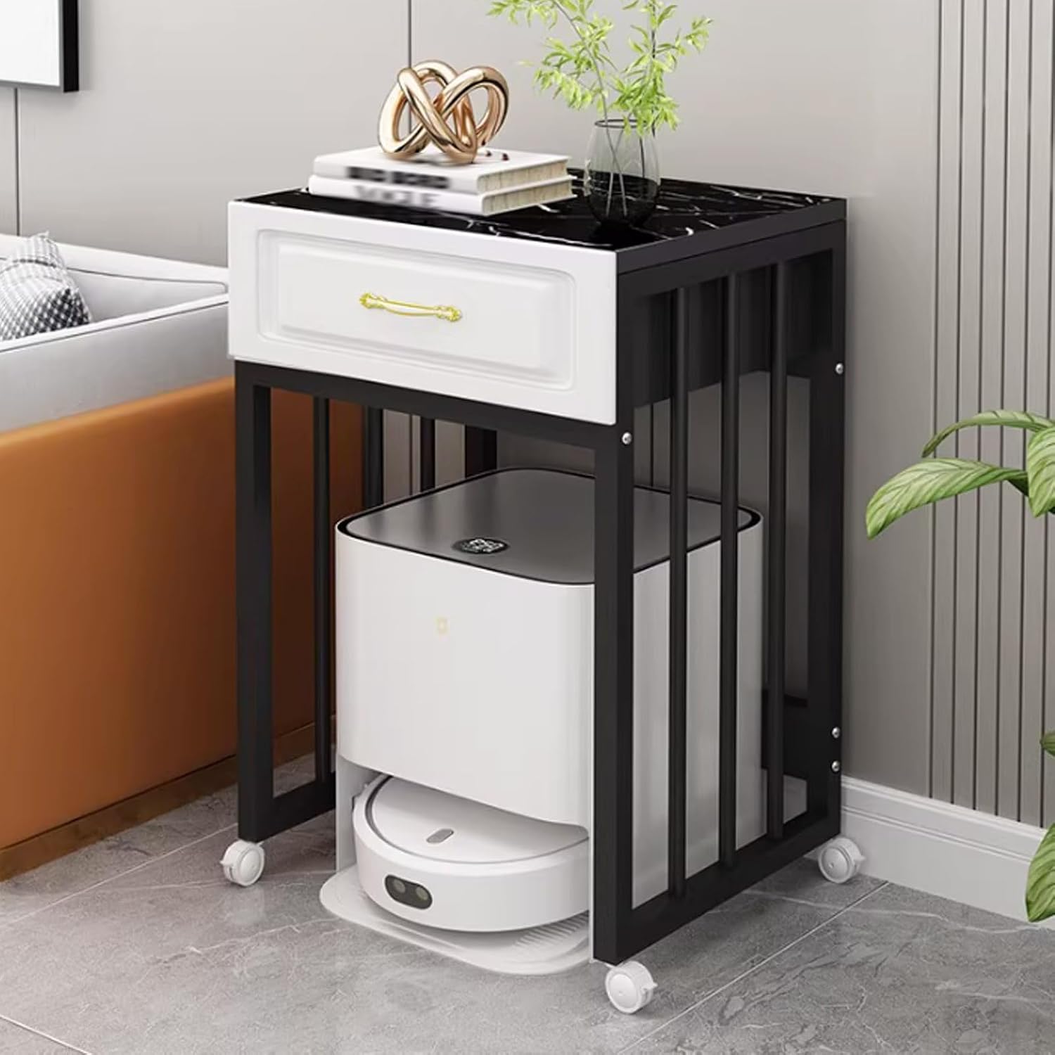 Robot Vacuum Stand Cabinet, Mobile Storage Cabinet Side Table, Vacuum Hidden Open Storage Shelves, Modern Side Table Storage Cabinet for Living Room(Black+White,19.6x15.7x33.4)