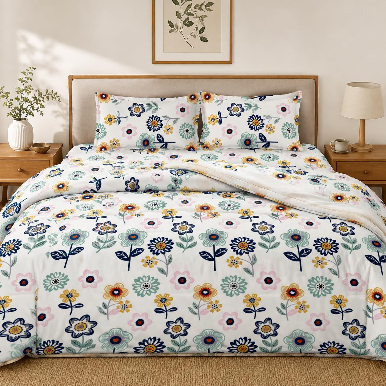 LOOMLYFE 300 TC All Season King Size AC Comforter || Blanket || Duvet with 1 King Size Elastic Fitted Bedsheet and 2 Large Pillow Cover - 4 Piece Comforter Set - BlueSunflower