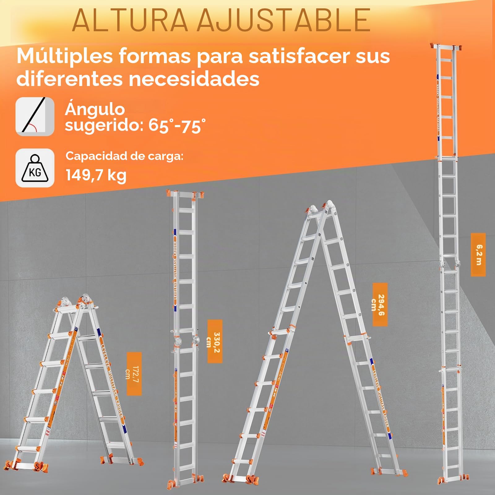 Un marco con 6 escalones, una escalera deslizante de 6 m de largo con estabilizador y ruedas, escalera de carga de seguridad de 150 kg con múltiples posiciones para escaleras Home