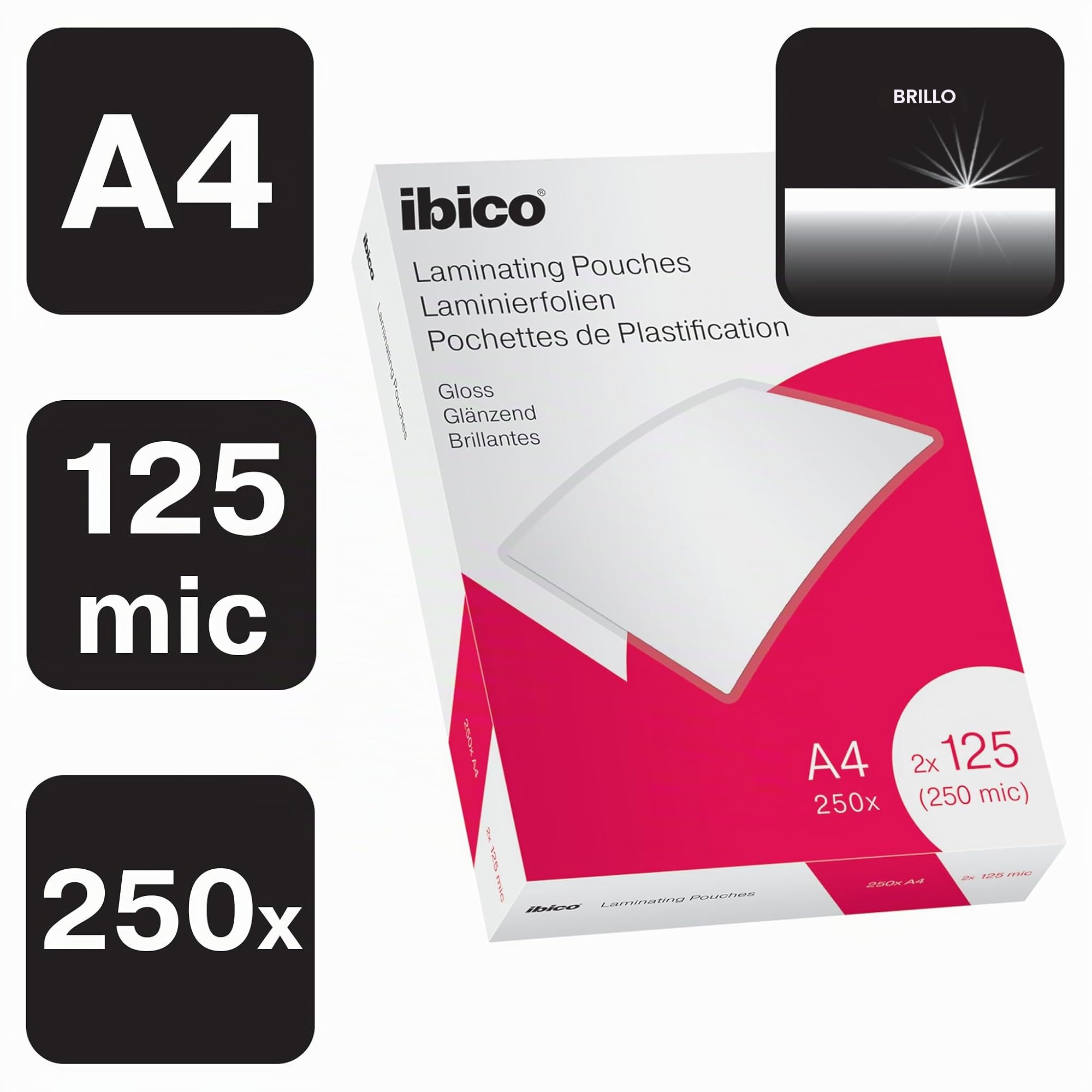 Ibico A4 Bolsas para plastificar, acabado brillante, 250 micras, paquete de 250, transparente, 628605