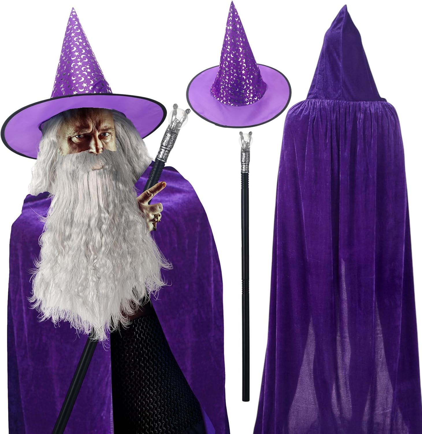 Hicarer 4 Pcs Halloween Wizard Costume Set Include Wizard Hat Cloak Wig Beard Wand Costume Accessories for Adults