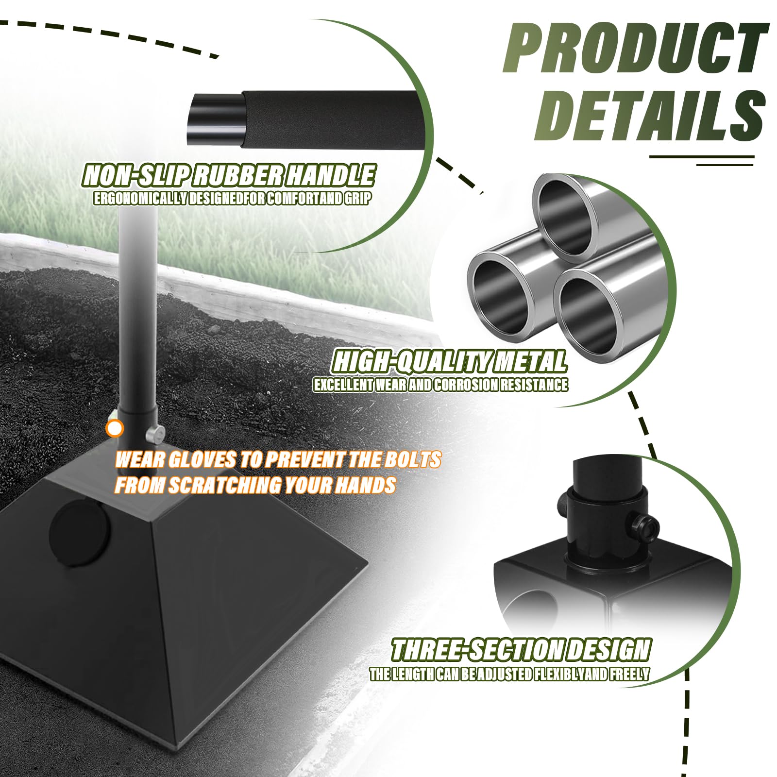 Tamper en acier avec poignée en acier réglable de 85 cm, poignée en caoutchouc et base remplissable de 20,3 x 20,3 cm, pilon robuste pour tamper le sol, le gravier, la réparation de pavés