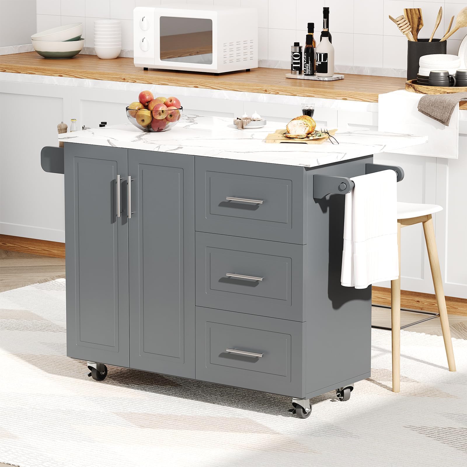 4 EVER WINNER Kitchen Island on Wheels with Storage and Drop Leaf, Faux Marble Texture Tabletop, 43" Kitchen Island Cart with Towel Rack & Spice Rack, Rolling Islands Cart for Kitchen, Gray
