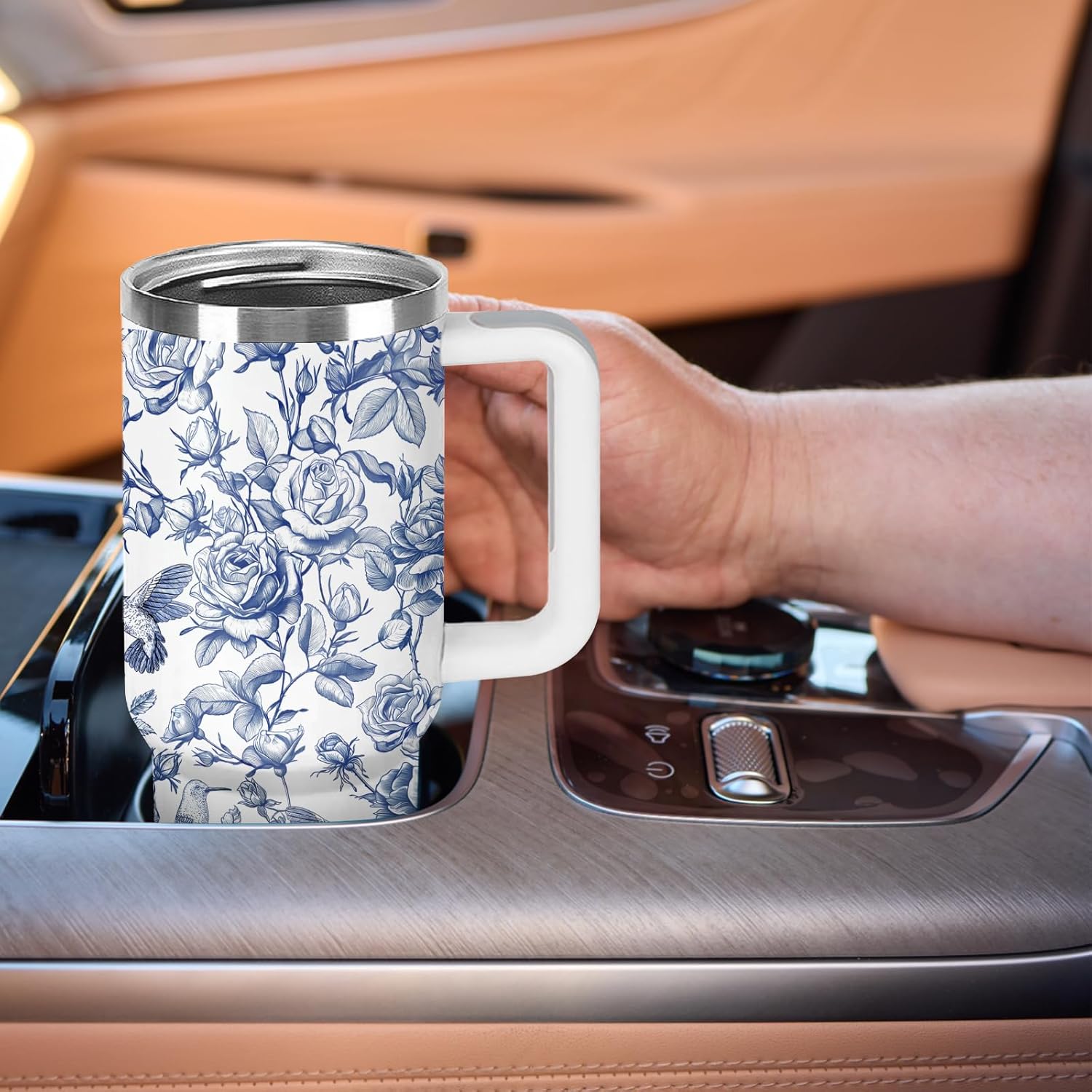 Gifts for Women - Blue Floral Tumbler 40 oz with Handle, Elegant Water Bottle - Unique Birthday, Mother's Day, Christmas Gifts for Her, Mom, Sister, Friend - Image 5