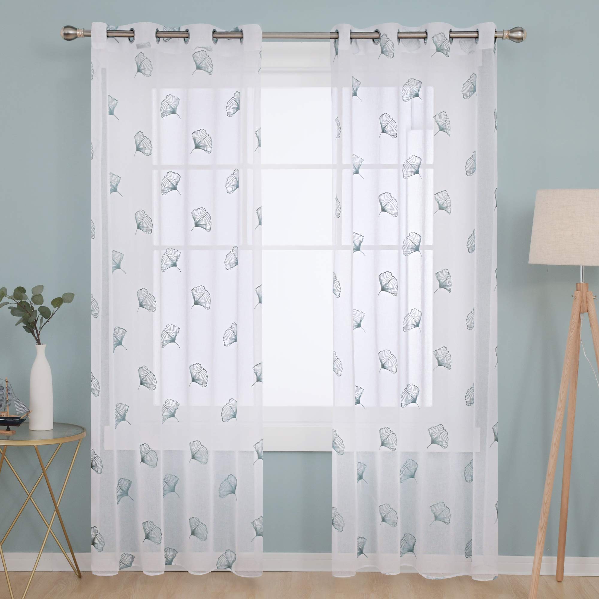 Deconovo Super Soft Linen Look Voile Curtains Dandelions Embroidered Net Curtains Home Decorative Sheer Curtains for Bedroom 55 x 71 Inch Light Blue Two Panels