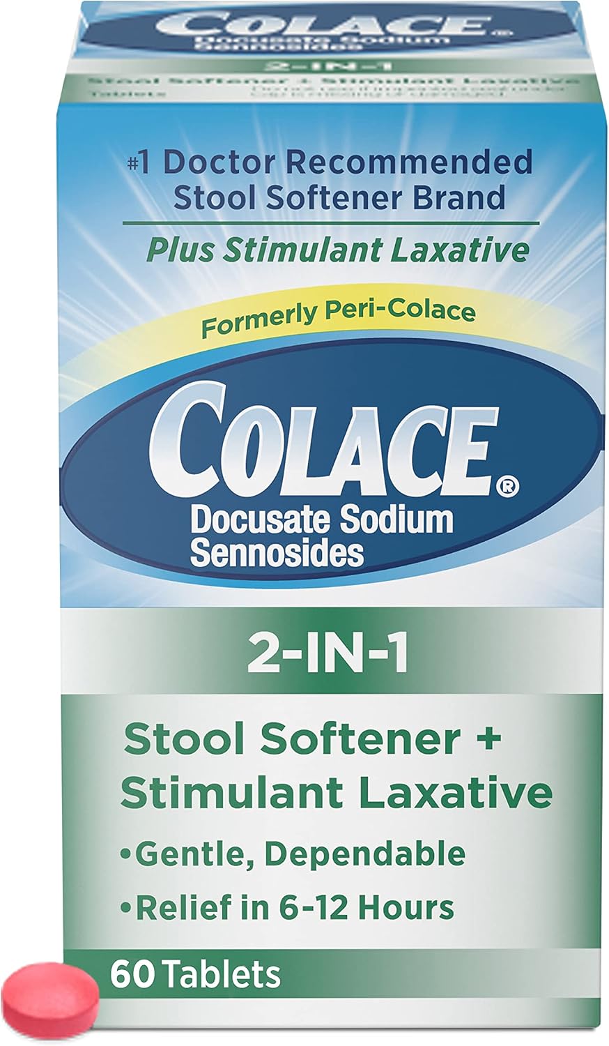 Colace 2-in-1 Stool Softener + Stimulant Laxative, 60 Tablets (Pack of 6)