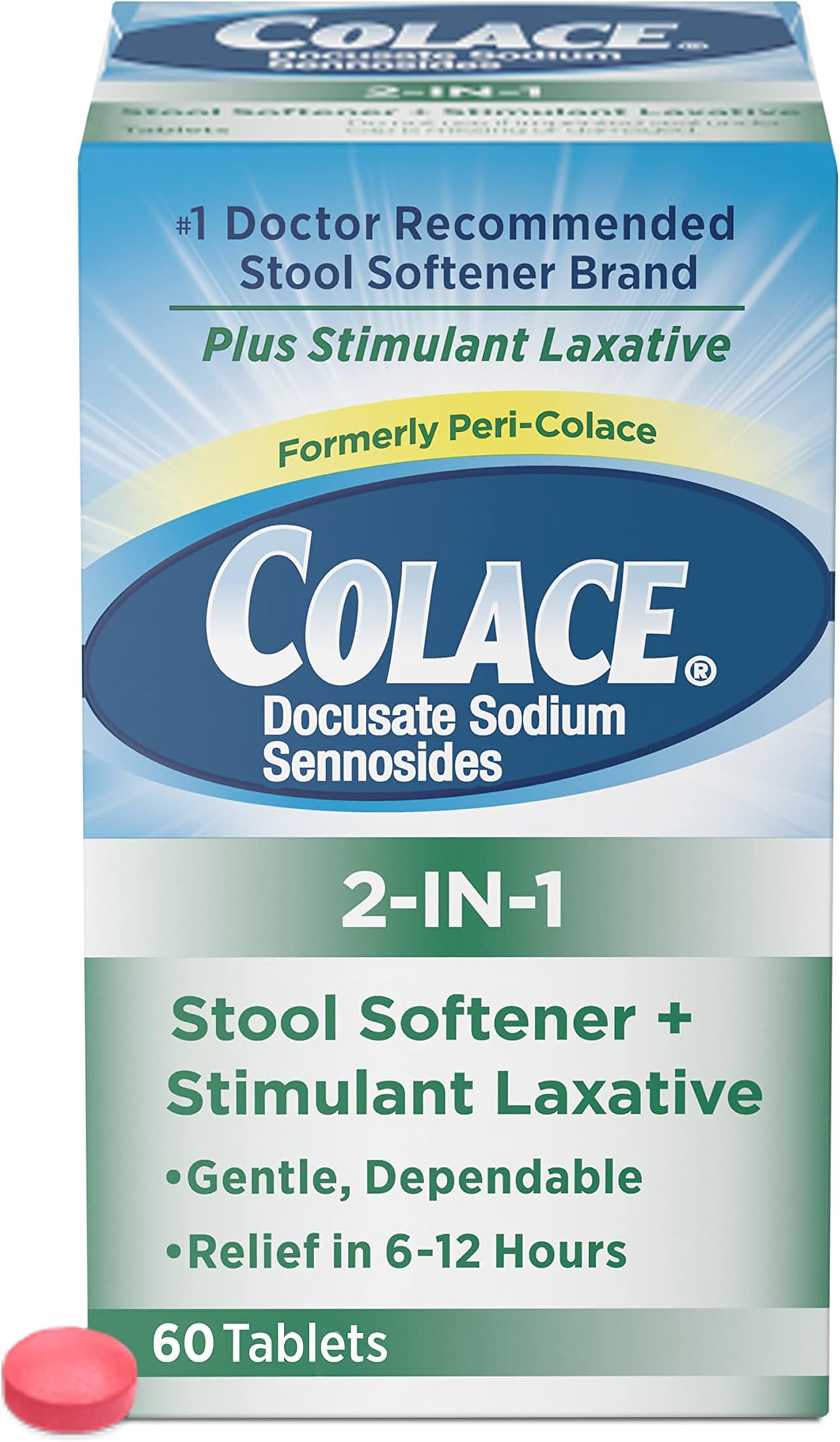Colace 2-in-1 Stool Softener & Stimulant Laxative Tablets, 60 Count, Gentle Constipation Relief In 6-12 Hours