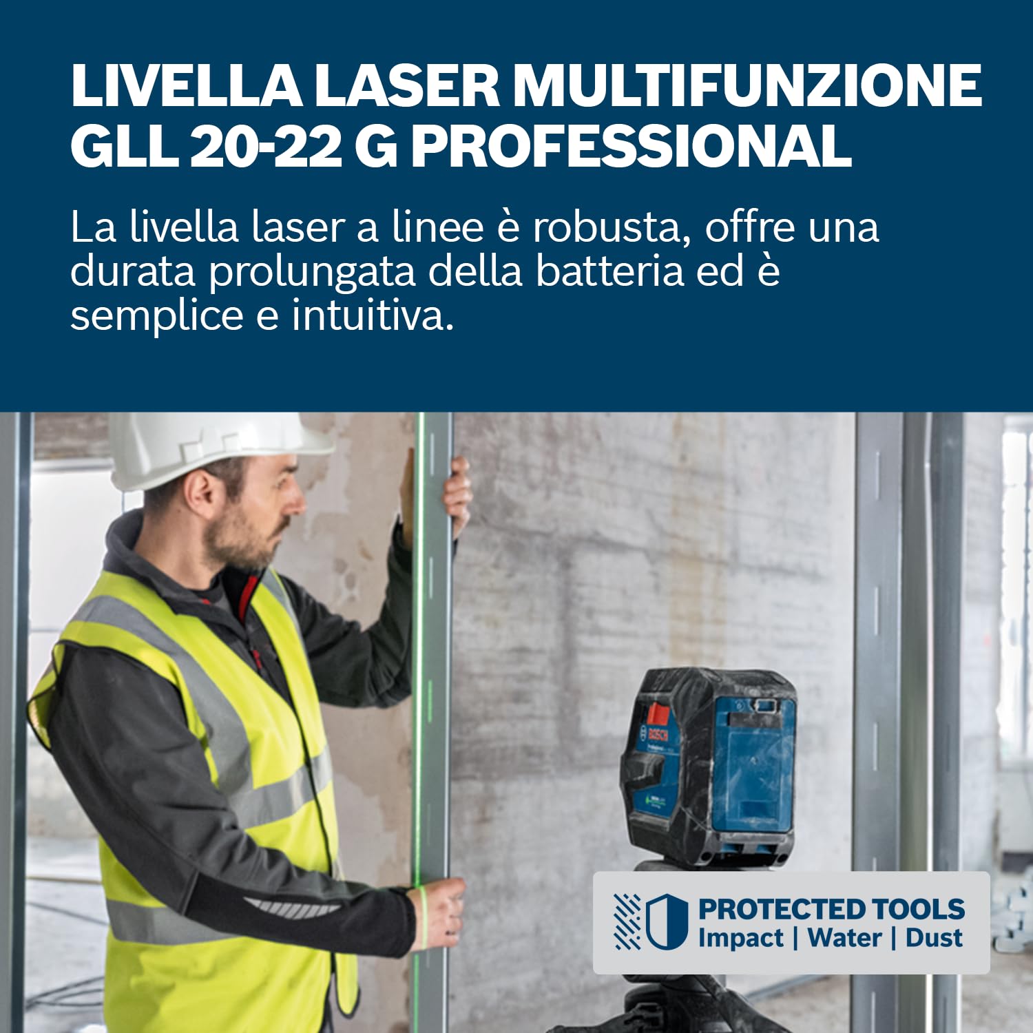 Bosch Professional livella laser a linee GLL 20-22 G (staffa LB 10, laser verde, uso interno, doppia alimentazione, 2 batterie da 1,5 V LR6, custodia protettiva)