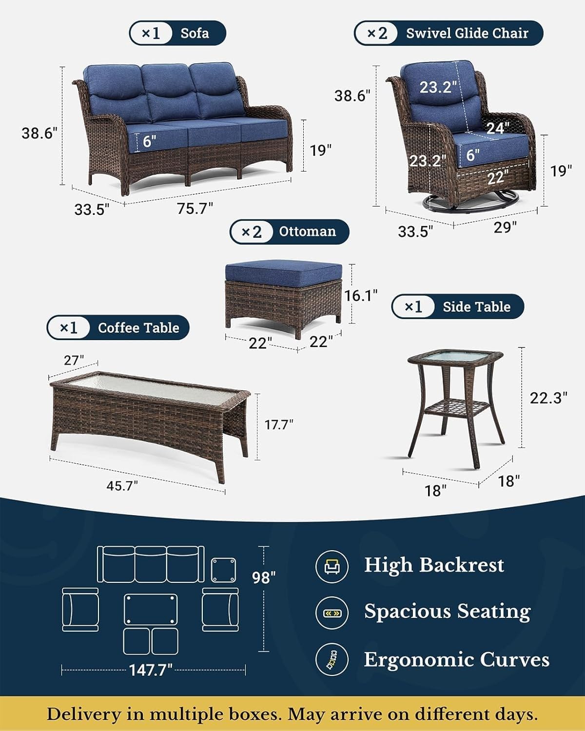 Luxury Patio Furniture Set with 6-inch Thick Cushion Outdoor Couch and High Back Swivel Rocker Patio Chairs 7PCS Wicker Conversation Set for Deck Yard and Poolside(Blue)