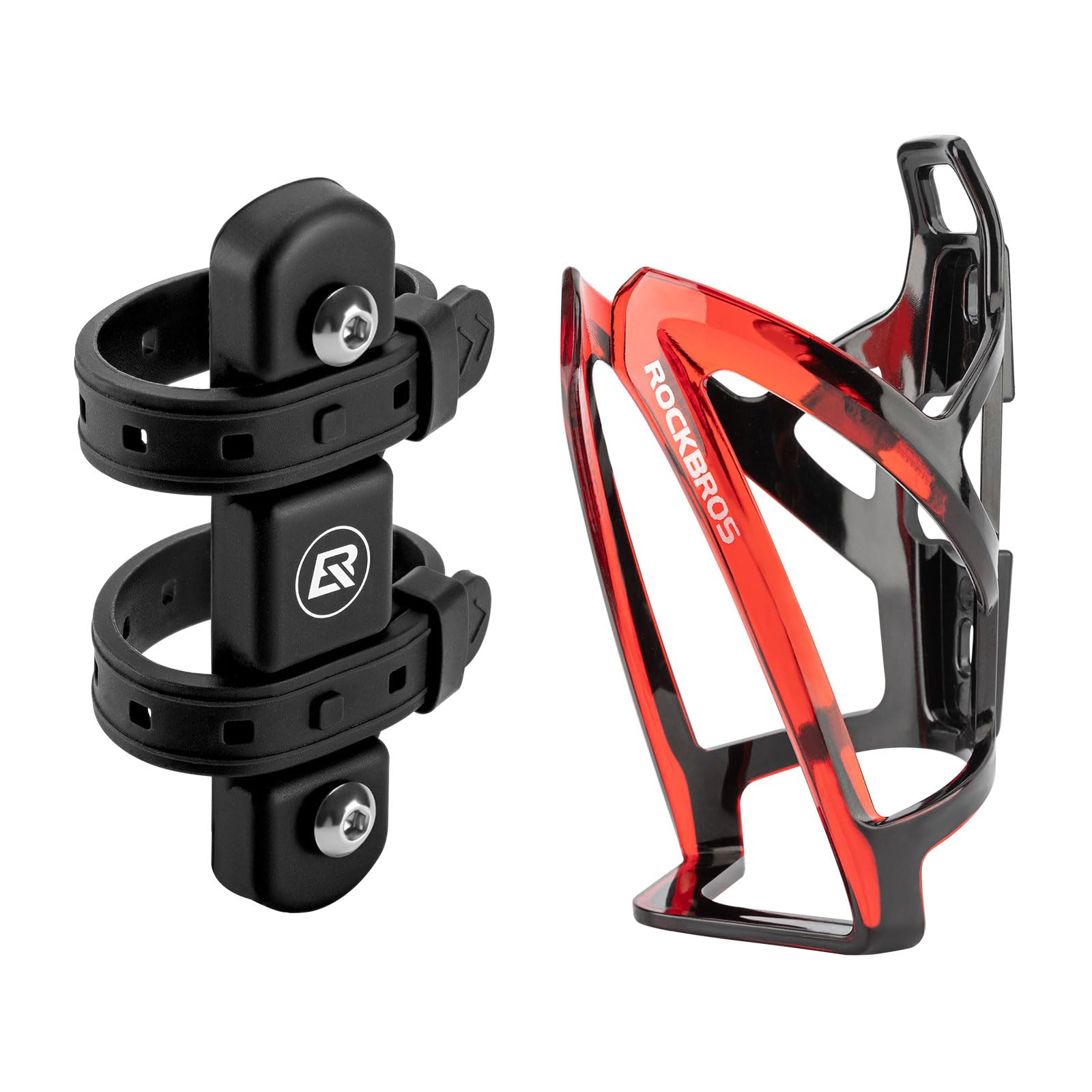 ROCKBROS Bike Bottle Cage Set, 35g PC Bottle Holder + 58g Silicone Adapter with 155-200mm Strap for Road, Mountain, Folding Bikes, Universal Fit for Bottle, Drinks, Black Red