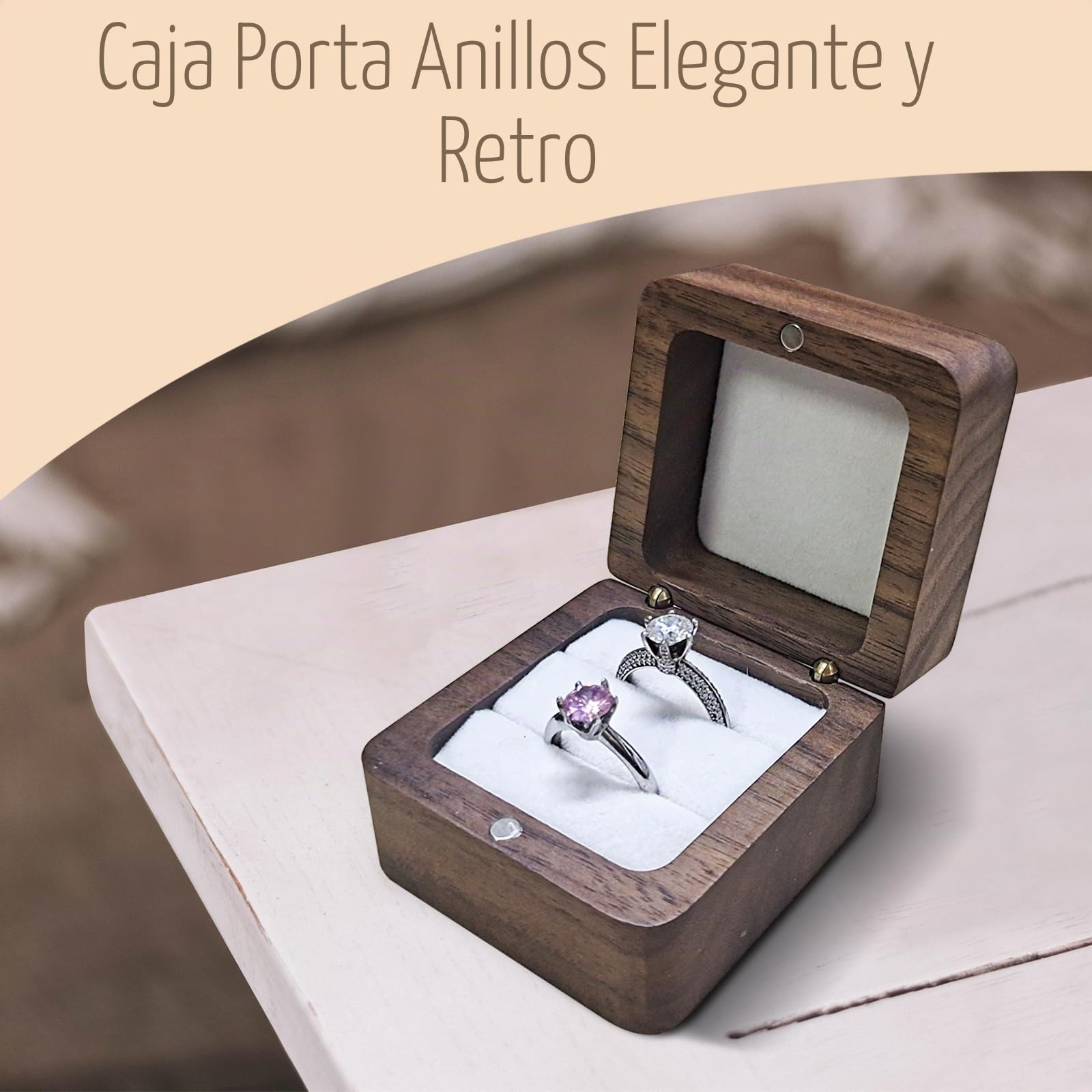 Caja Anillo de Madera Doble Ranura, Joyero Pequeño Cuadrada, Organizador Anillos de Boda (Blanco)