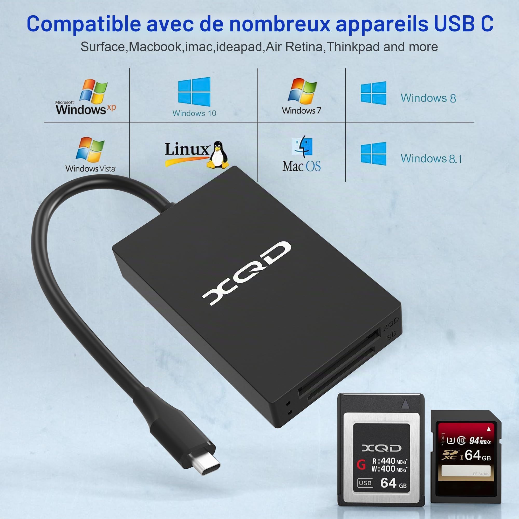 Lecteur carte XQD USB C SD/XQD Lecteur de carte mémoire - 5Gpbs Super Speed ​​Support Sony G/M Series, Lexar 2933x/1400x USB Mark XQD Card, carte SD pour Windows/Mac OS, Adaptateur carte XQD/SD Type C