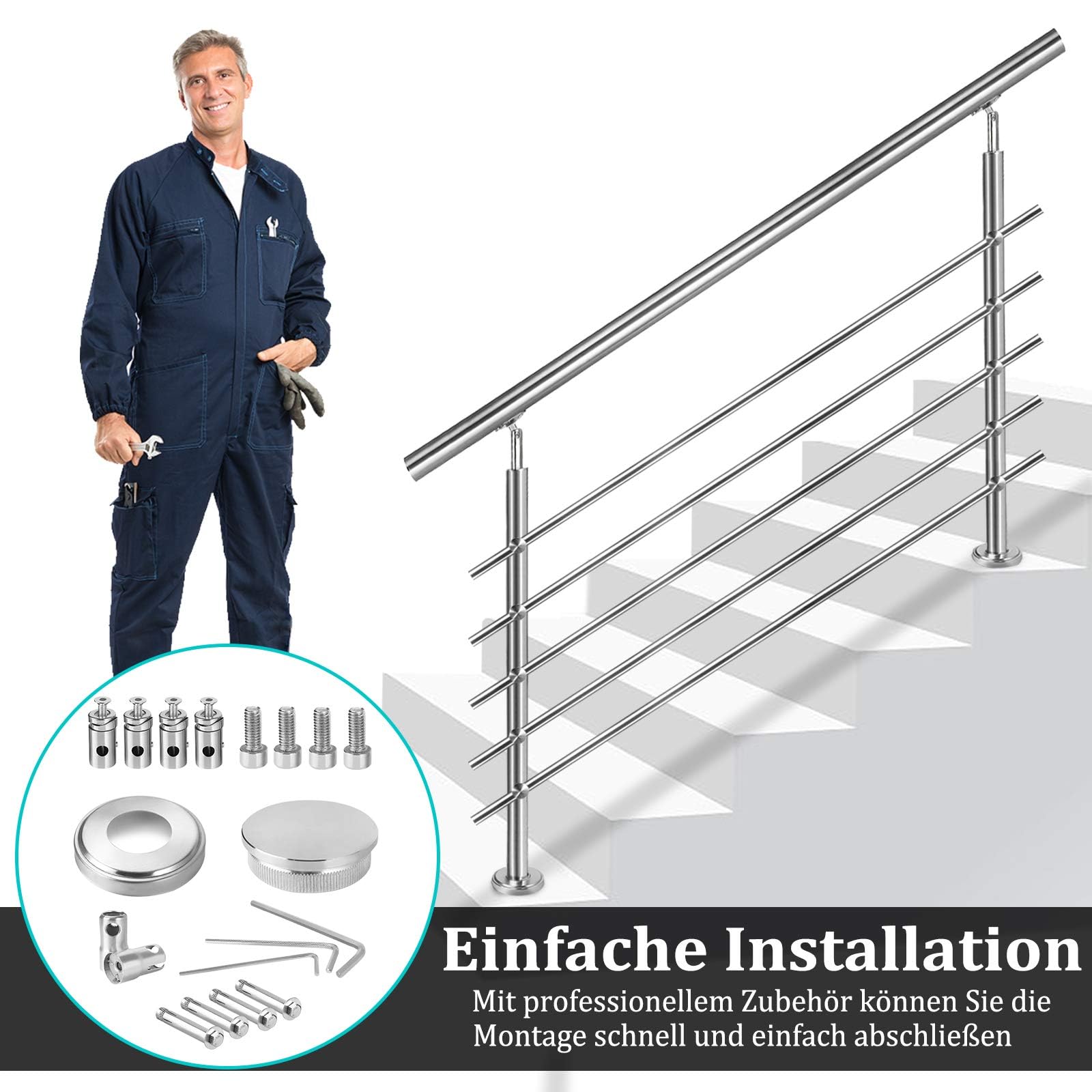 Froadp 100cm Treppengeländer Edelstahl Winkelverstellbar Handläufe mit Kugelring und 2 Pfosten Innen Stange Geländer-Set für Treppen Terrassen Brüstung (3 Querstäbe)