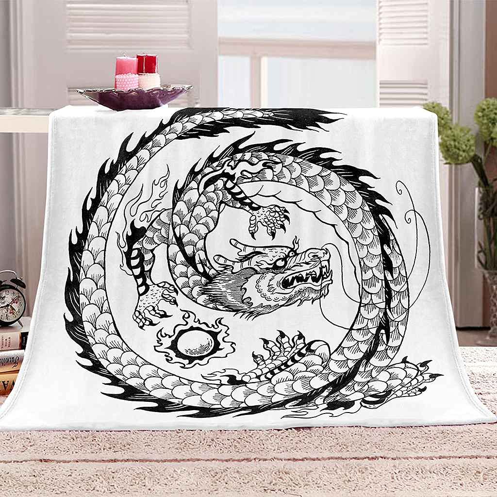 Couverture Dragon Noir et Blanc Impression 3D pour Soirée Cocooning Canapé