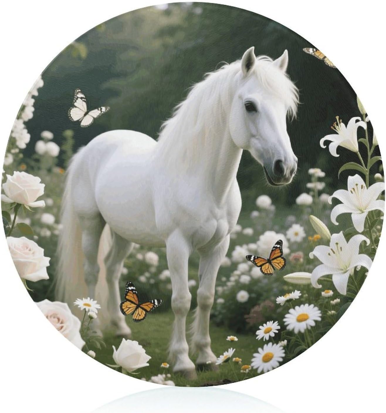 White Flower Pony Chopping Block Tempered Glass Cutting Board Mats Round Countertop Cutting Boards Sturdy Charcuterie Boards for Bar Cheese Board Snack Tray