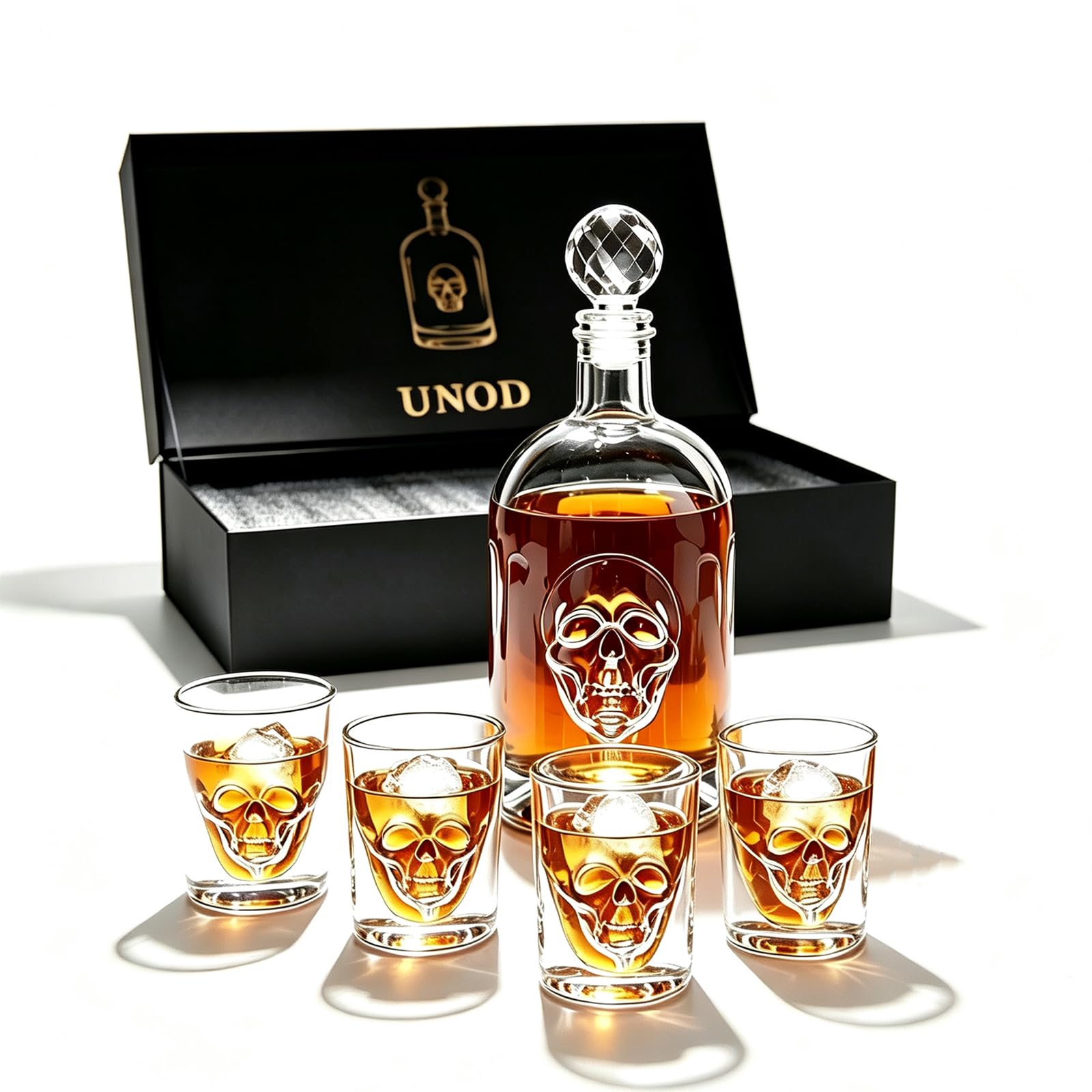 Premium 3D Skull Decanter Set – 5-Piece Hand-Blown Crystal Whiskey & Tequila Dispenser with Double-Walled Glasses – Luxury Gothic Barware Gift Set for Halloween, Birthdays & Home Decor