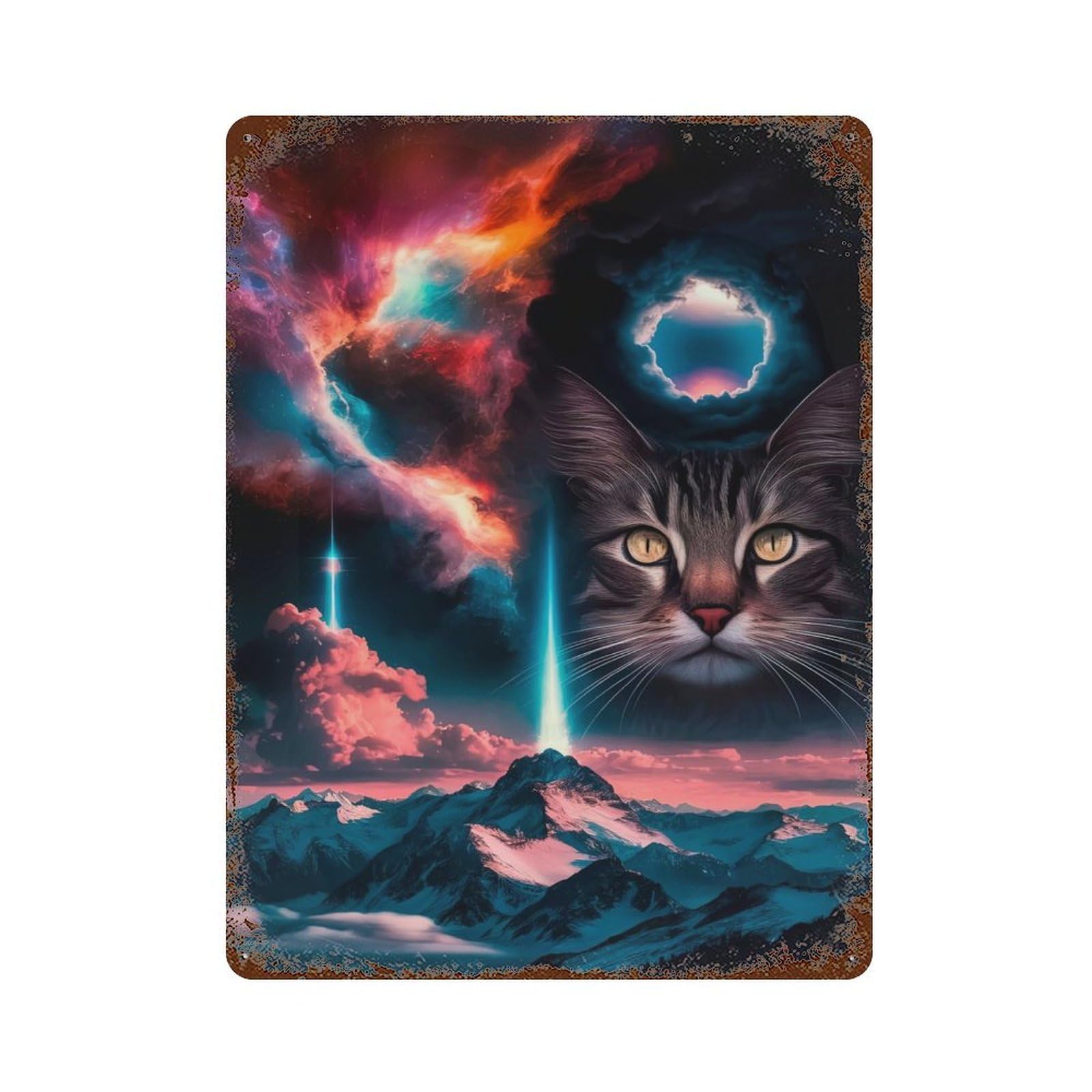Cosmic Cat Horizon Retro Metal Sign 15.7"x11.8", for Pub, Kitchen And Man Cave Decor, Industrial Home Decor