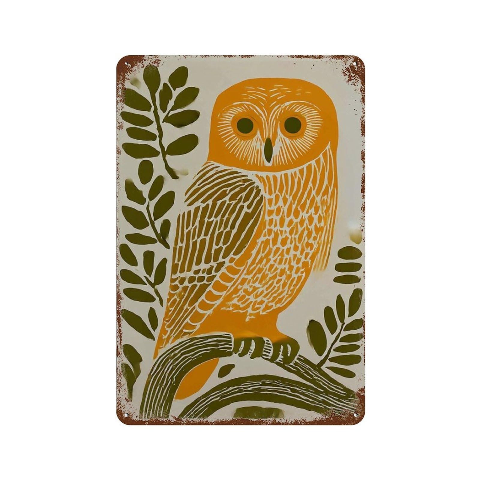 xiaoxiaoshen Orange Owl Woodland Animal Mid Century Folk Linocut Style Bird Nature Wall Decor Art Metal Tin Poster Modern Home Decor Art Home Bar Shop Decorations Vintage Sign 30x20cm
