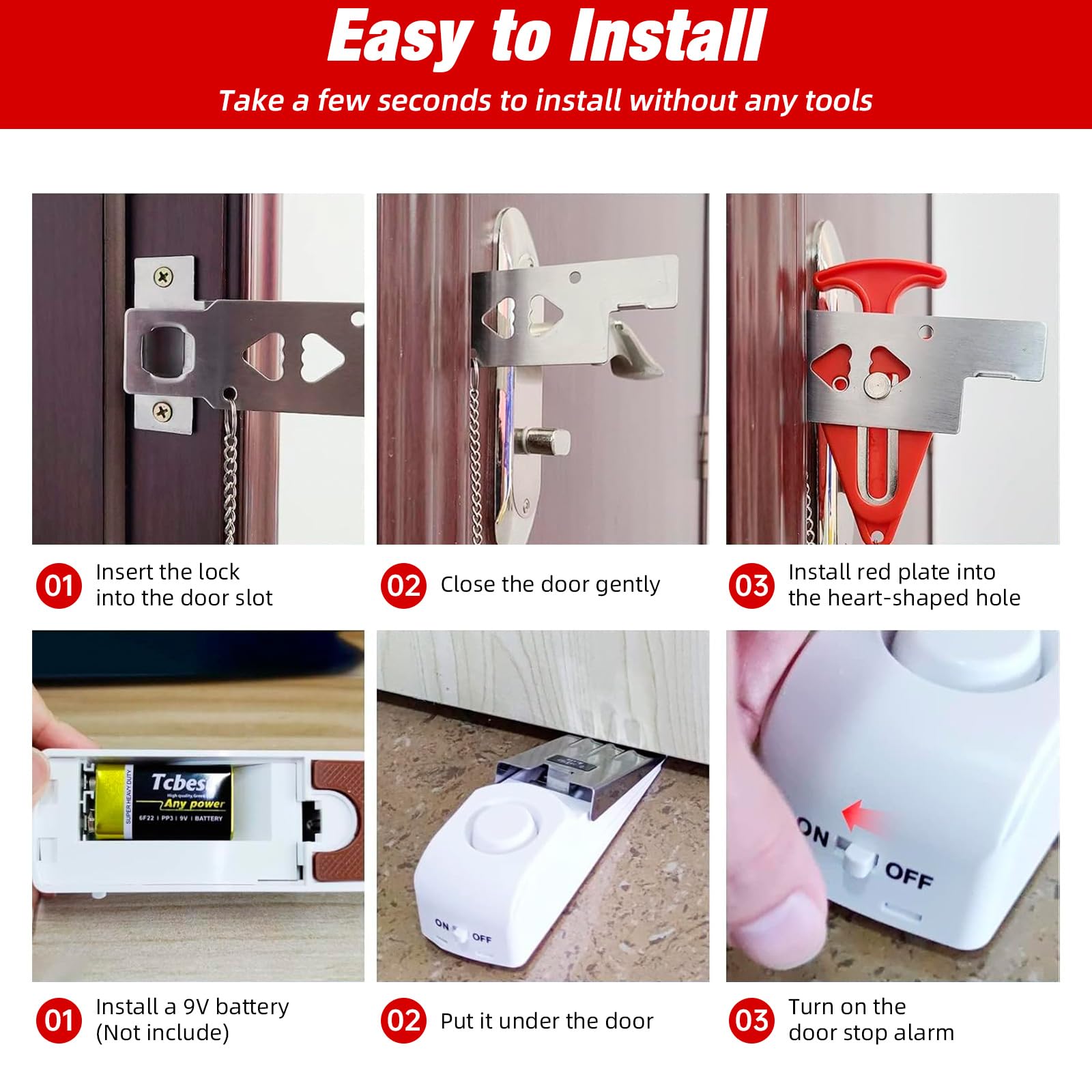 Alarma portátil de tope de puerta y cerradura de puerta de hotel de viaje, no requiere instalación, proporciona doble seguridad para el hogar, hotel y viajes (2 cerraduras de puerta + 3 topes