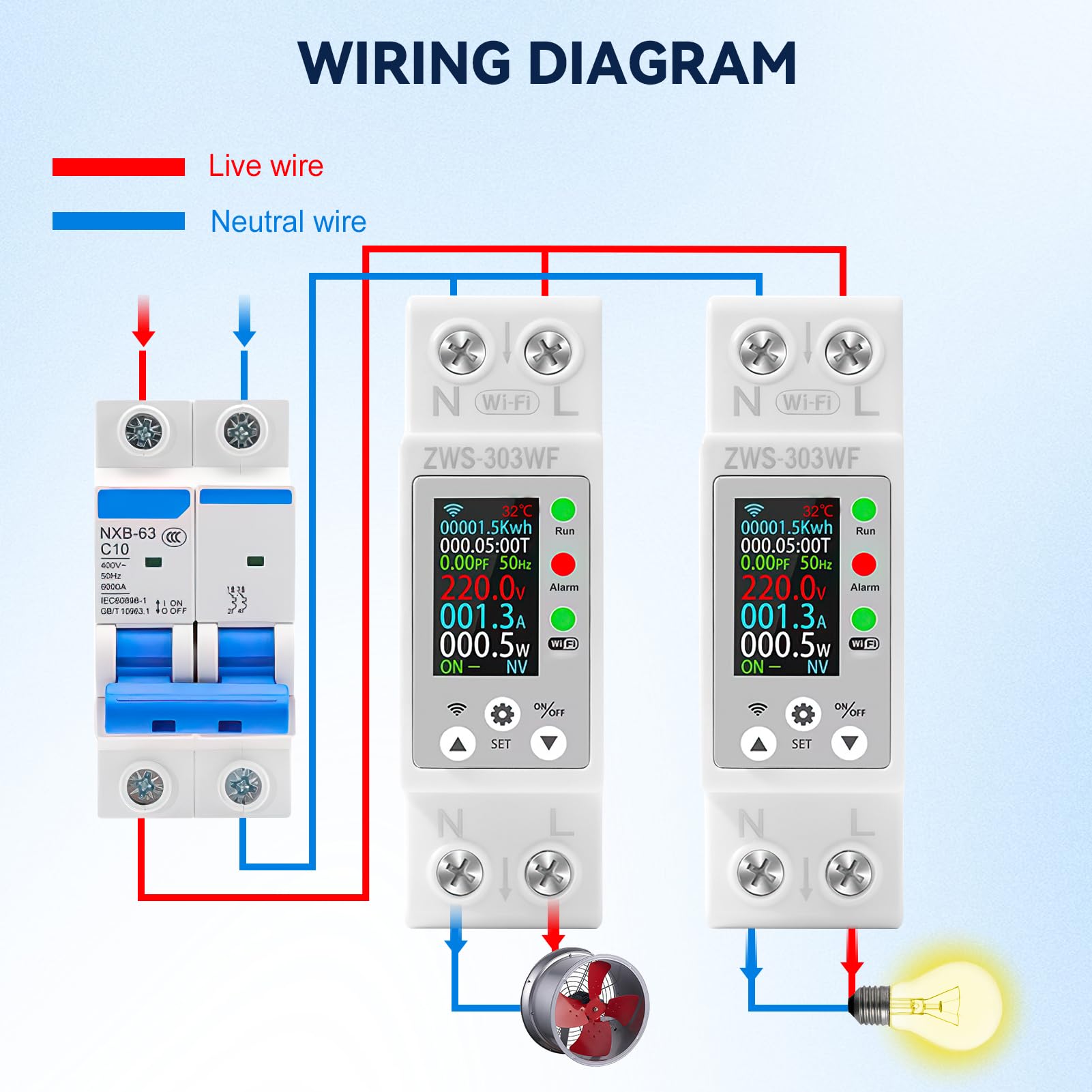 Compteur electrique connecté 63A TUYA compteur électrique wifi Intelligent compteurs d'énergie monophasé AC80-300V avec Protection contre les fuites de surcharge de surintensité ZWS-303WF