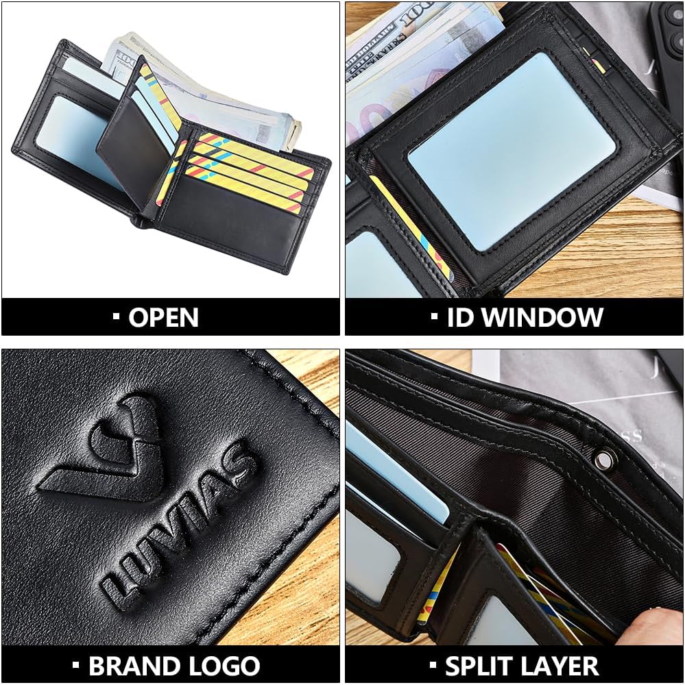 Mens Wallet with Chain RFID Blocking Genuine Leather Bifold with ID Windows Card Holder with Gift Box