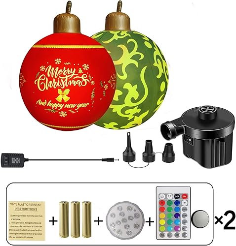 Miniatura 7 de Paquete de 2 unidades de 45 pulgadas con bomba de aire eléctrica, bolas de Navidad inflables de PVC con luz extragrandes, decoración de Navidad con