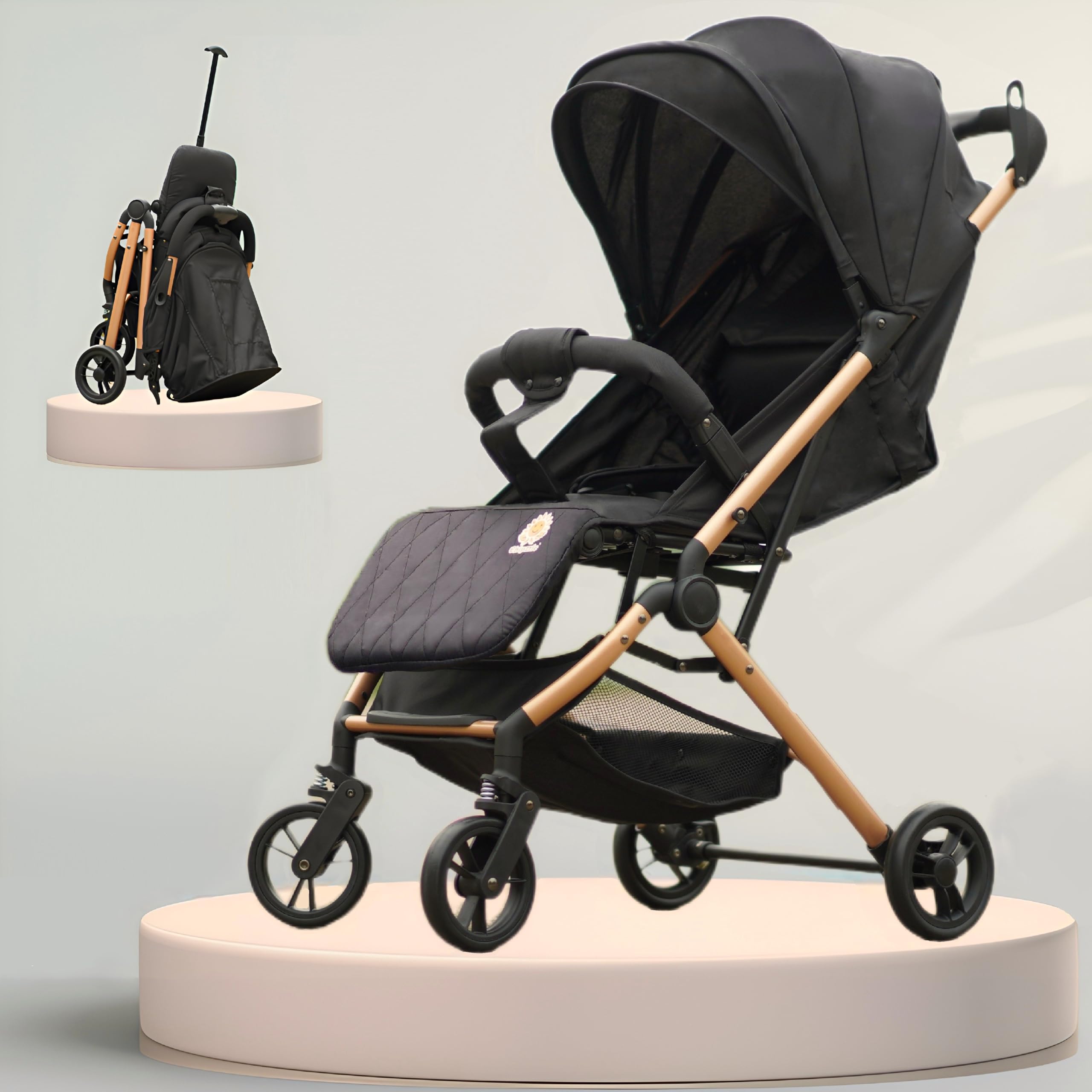 Chipzzie Baby Stroller Pram with Elegant Rose Gold Frame | Lightweight & Travel-Friendly | One-Hand Easy Fold | Full Recline & 5-Point Harness for Newborns, Infants & Toddlers [0-3 Years](Travel Mate - Black with Rose Gold Tubes)-image-6