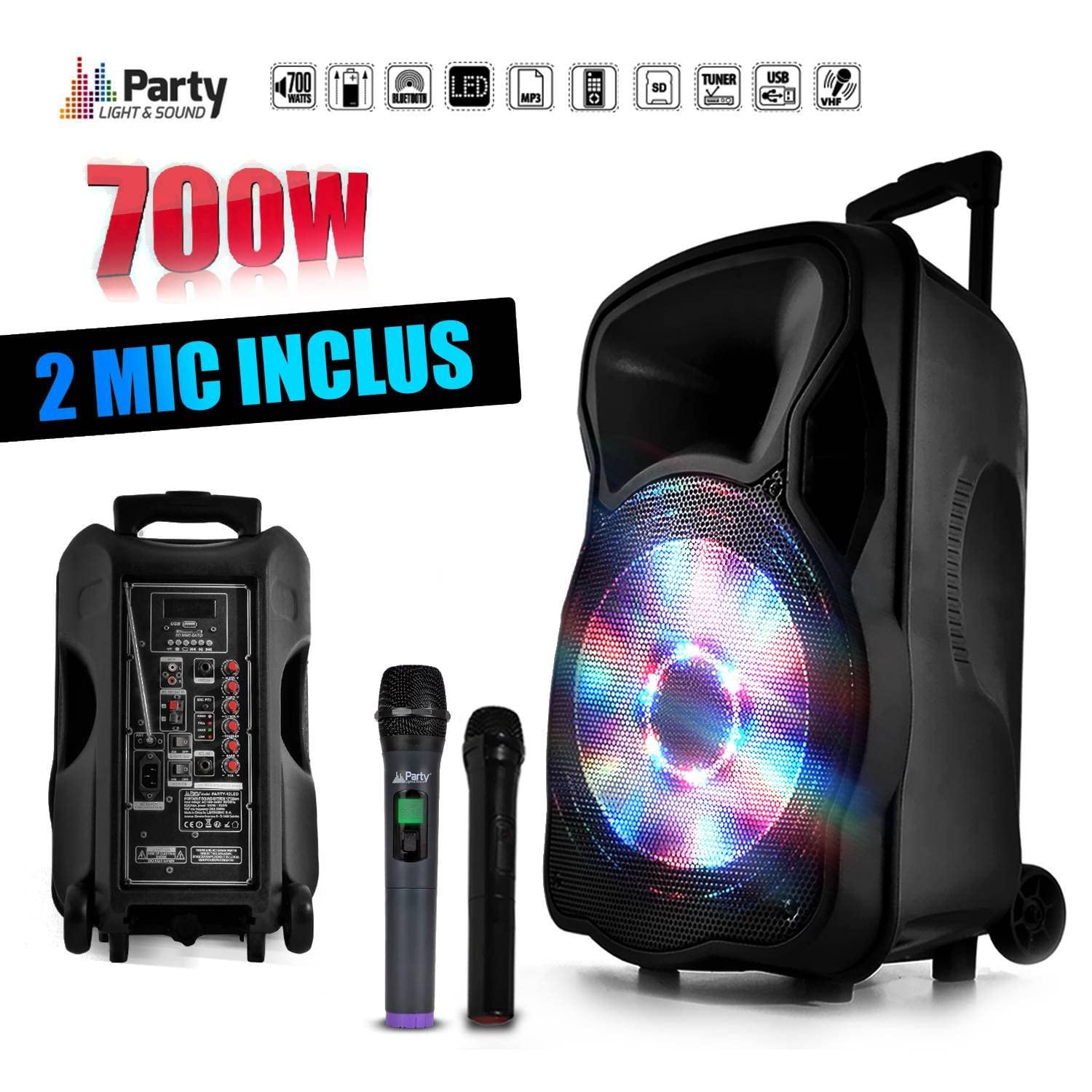 Enceinte Sono Mobile amplifiée 700W 12" LED/USB/BT/SD/FM + 2 micros sans-Fil PARTY12