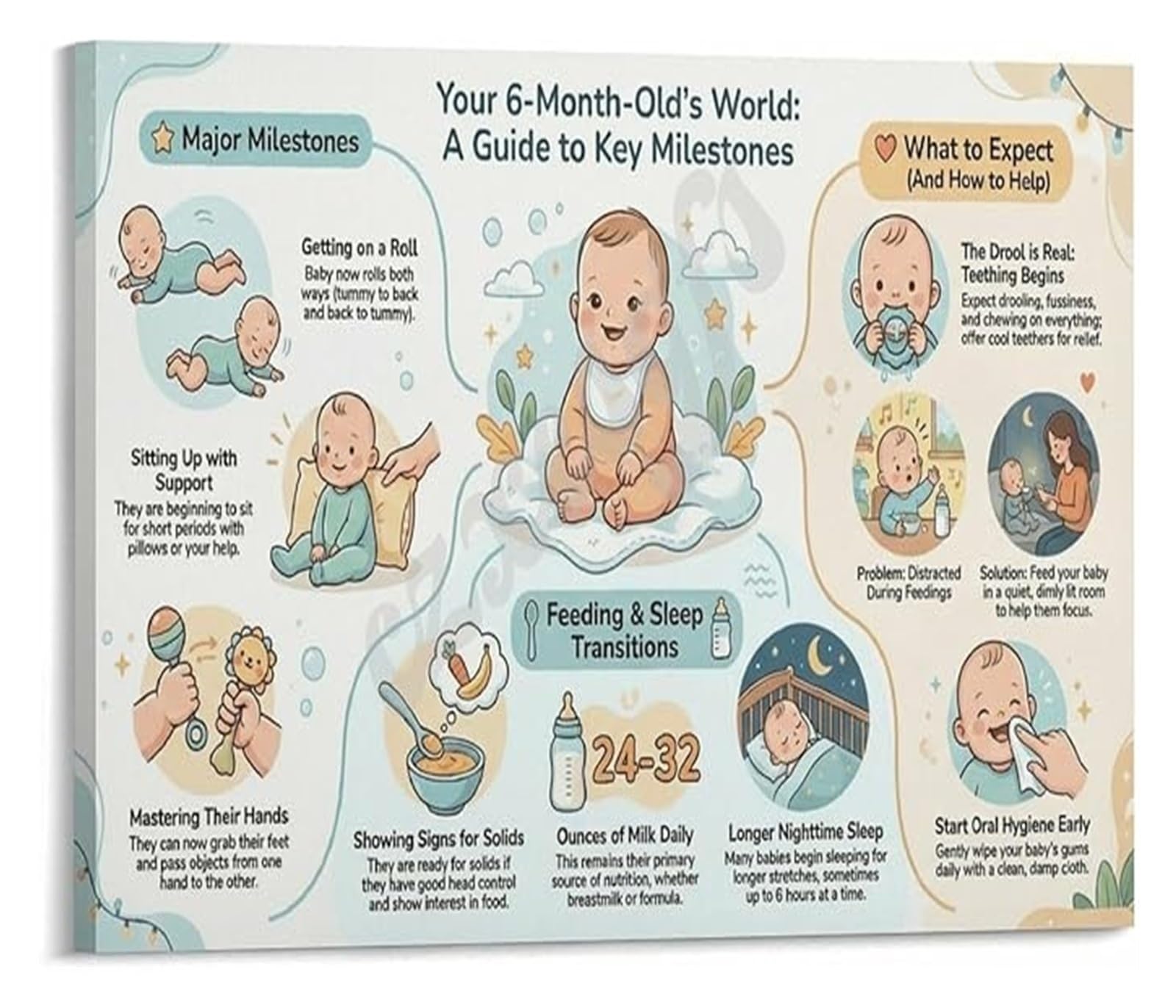 LLBOGRGGN Milestones Poster 6 Month Development Guide Chart Canvas Print for Nursery Decor Parents Growth
