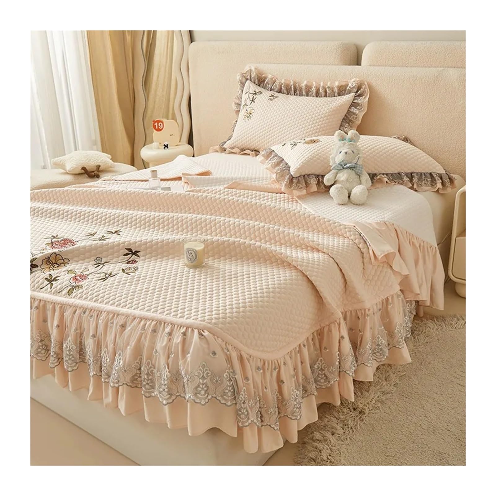Colcha Cama Juego de Colcha Cama Verano con Volantes Elegantes Bordados, 3 uds., Acolchada Ligera y Suave, 2 ., Fundas Almohada(Khaki)